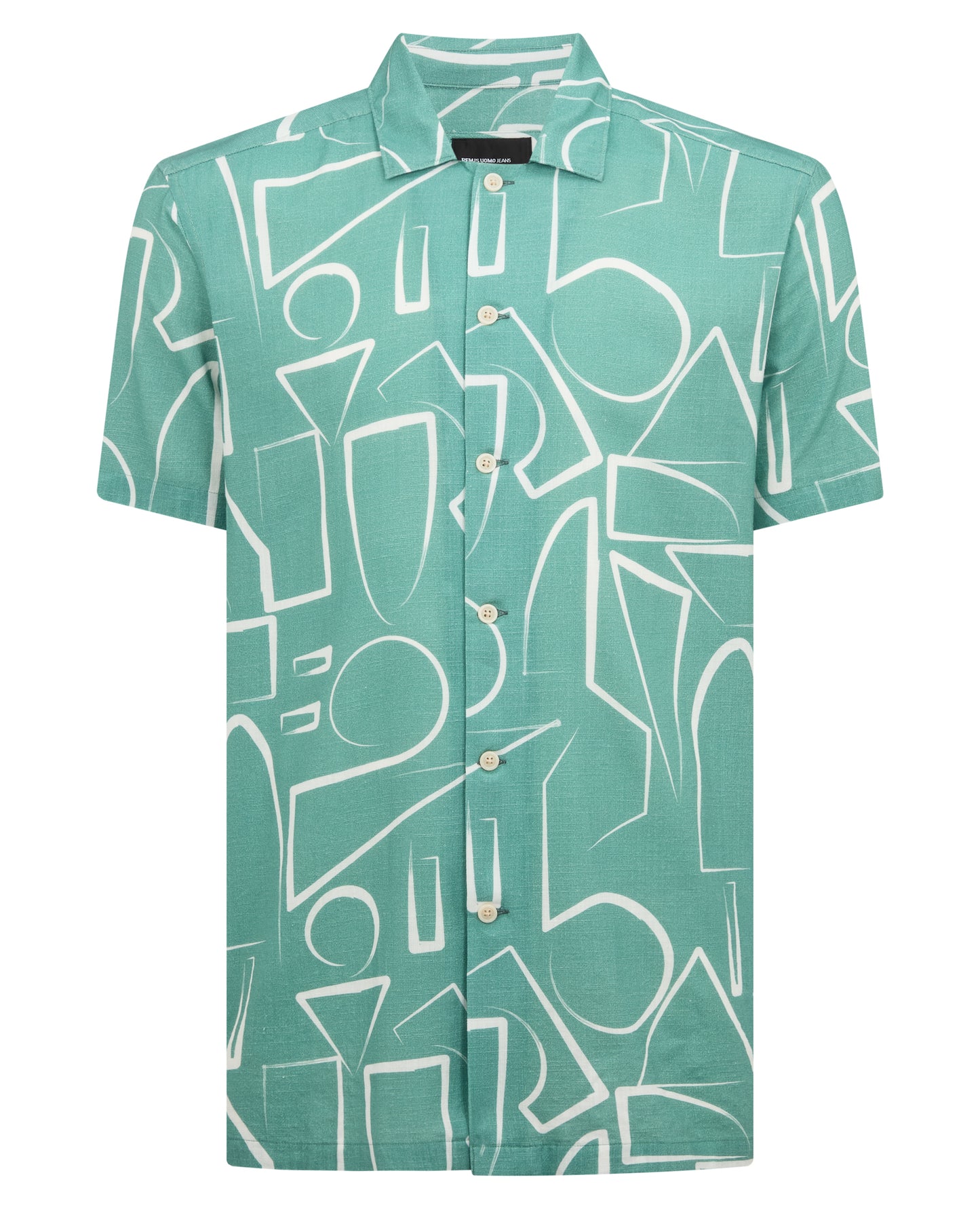 Man wearing a green Relaxed Fit Linen-Blend Abstract Print Shirt