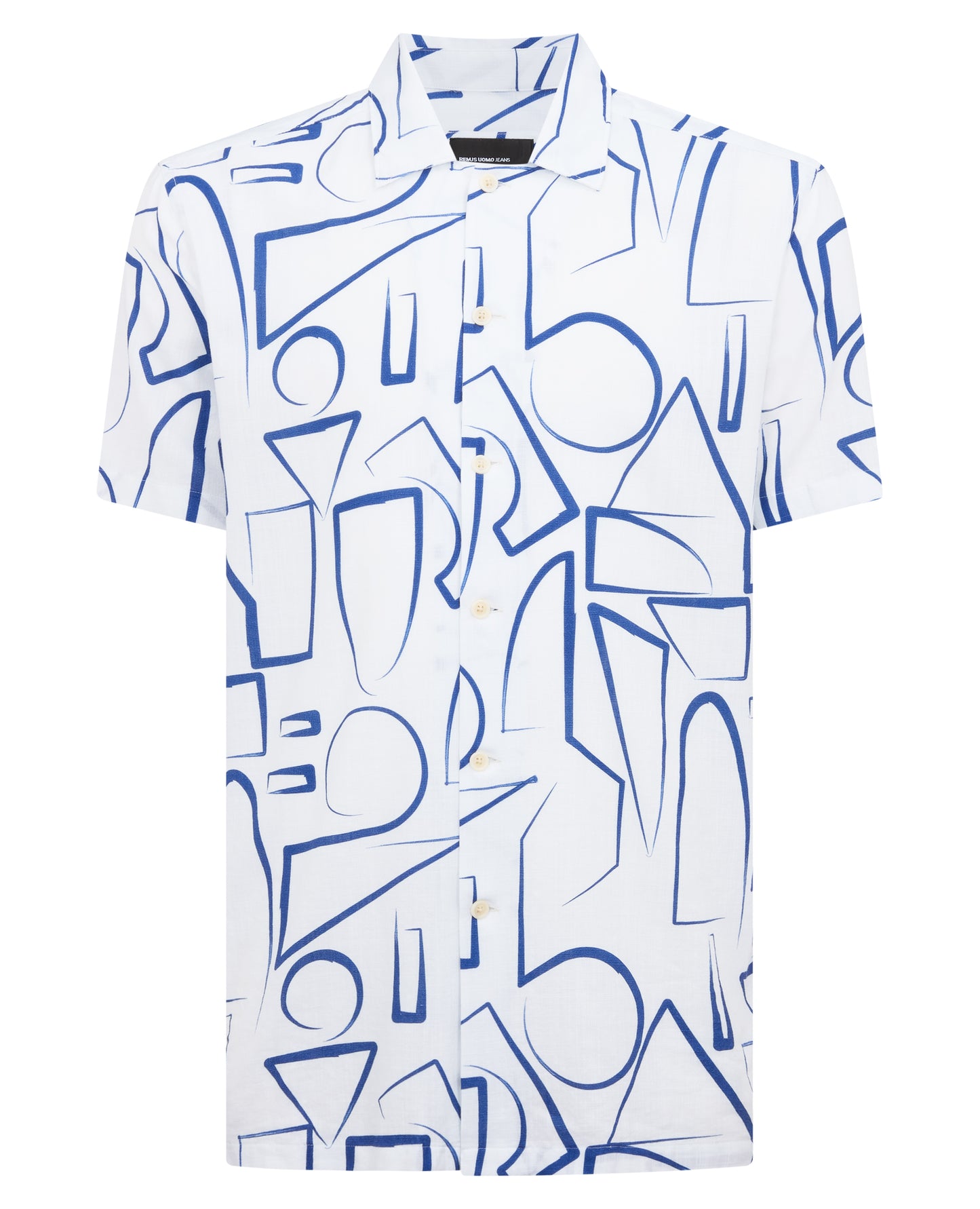 Man wearing a blue Relaxed Fit Linen-Blend Abstract Print Shirt