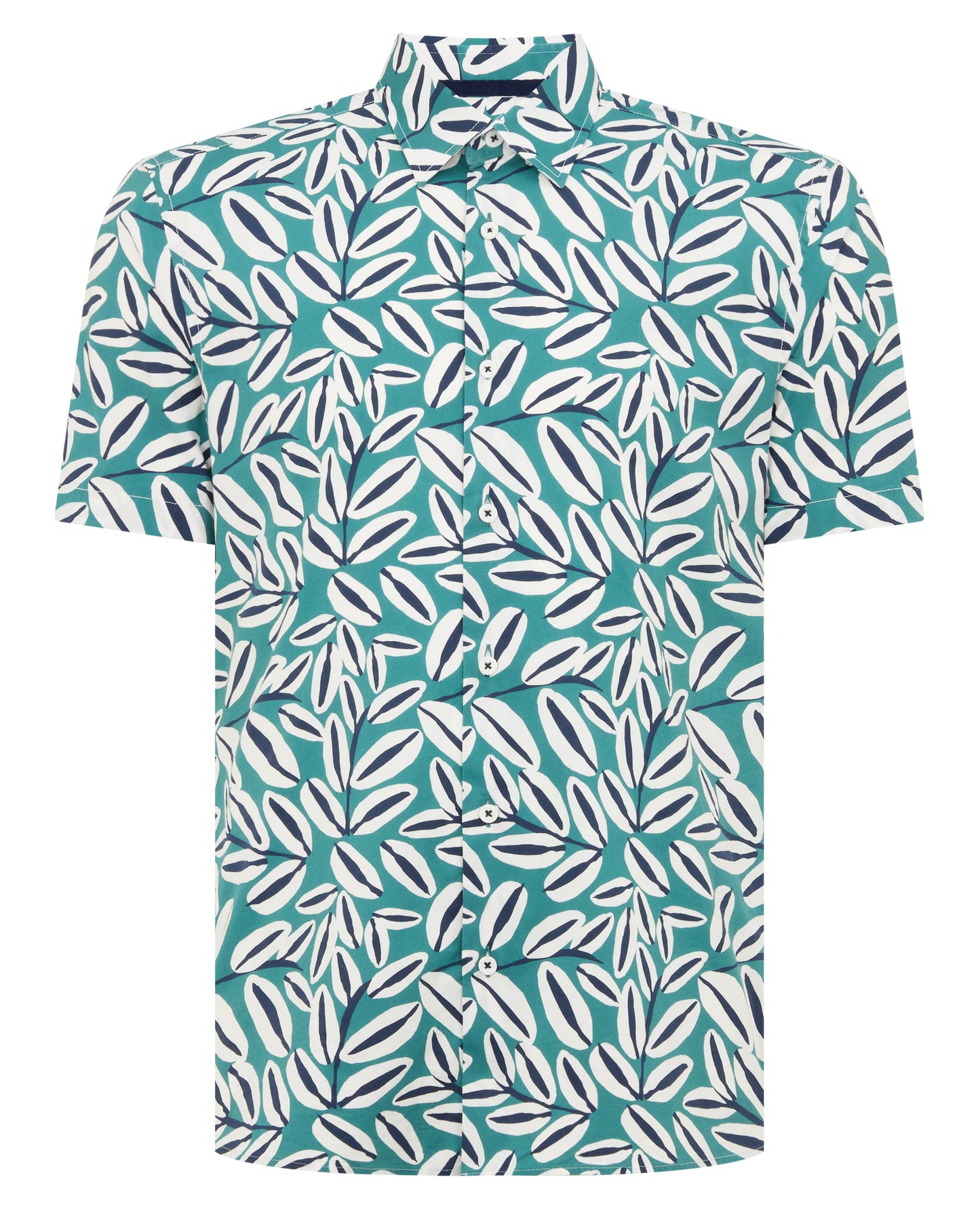 Man wearing a green Slim Fit Cotton Stretch Leaf Print Shirt