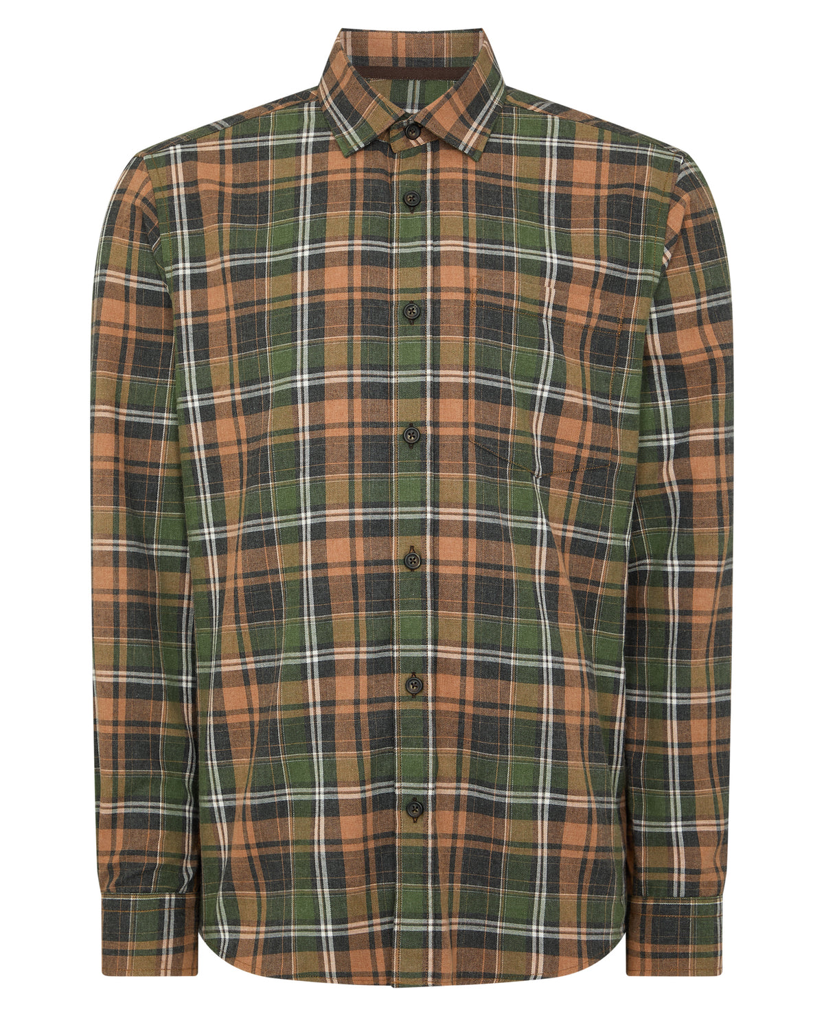 Man wearing a brown Tapered Fit Cotton-Blend Check Shirt