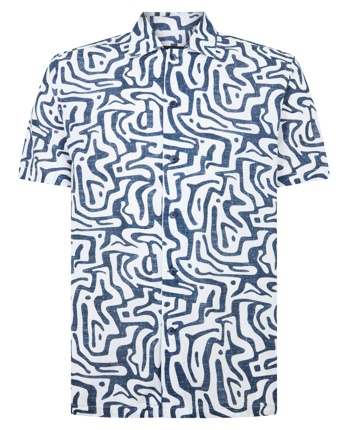Man wearing a white and navy casual shirt