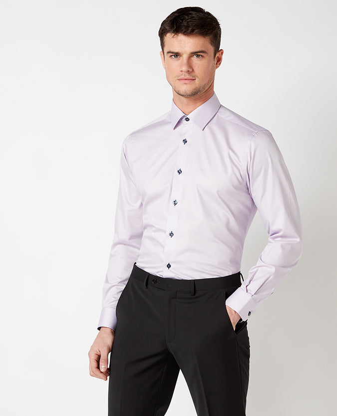 Man wearing a purple Tapered Fit Cotton-Blend Satin Shirt