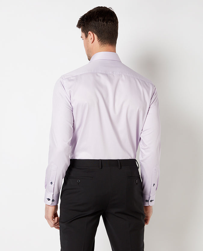 Man wearing a purple Tapered Fit Cotton-Blend Satin Shirt
