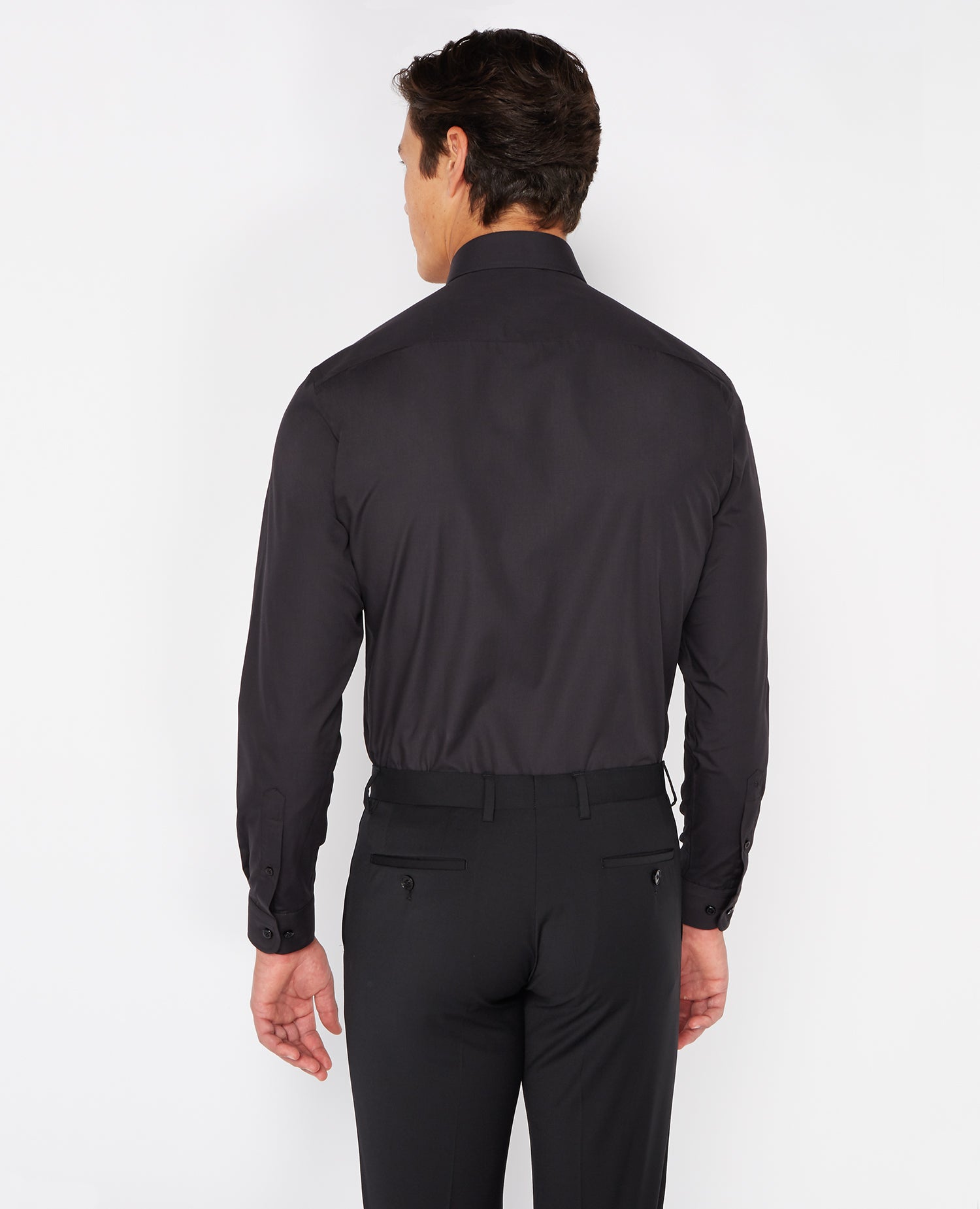 Man wearing a black Tapered Fit Cotton-Blend Shirt