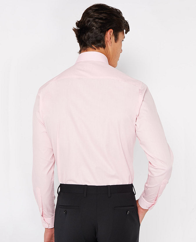 Man wearing a red Tapered Fit Cotton-Blend Shirt