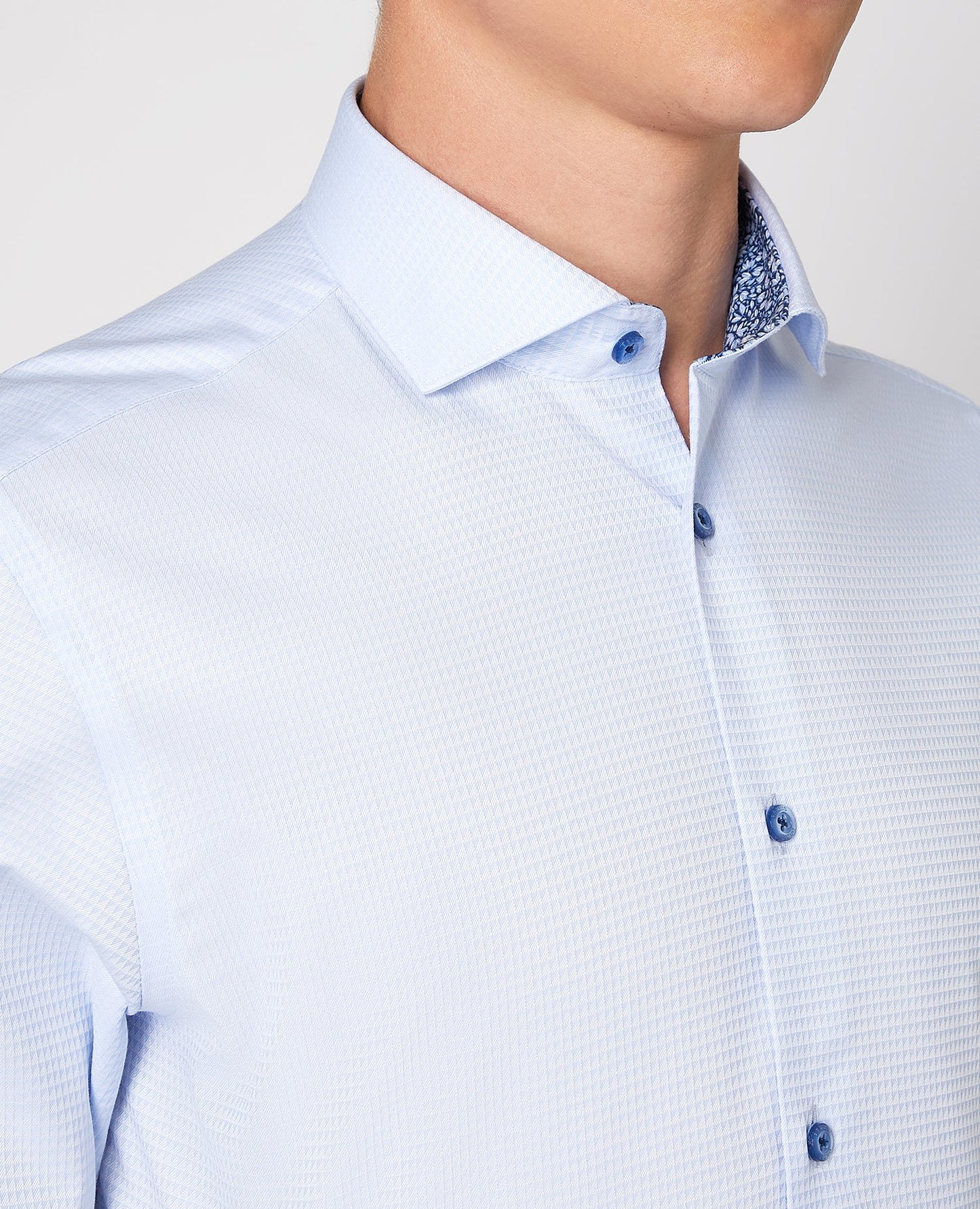 Man wearing a blue Tapered Fit Cotton Shirt