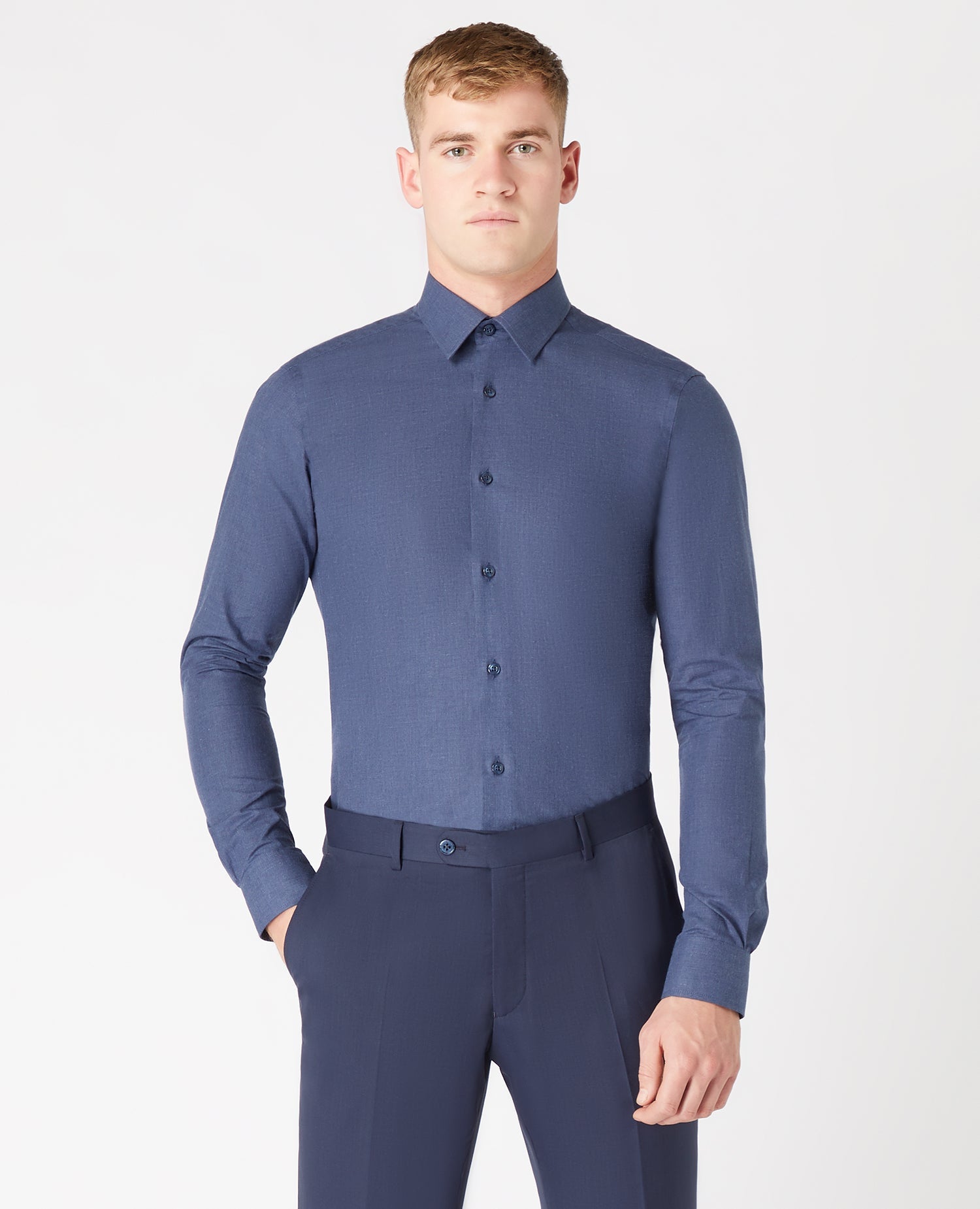 Man wearing a navy Slim fit cotton shirt