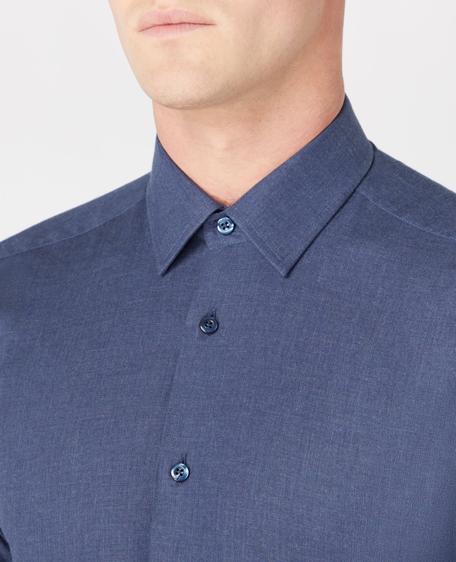 Man wearing a navy Slim fit cotton shirt