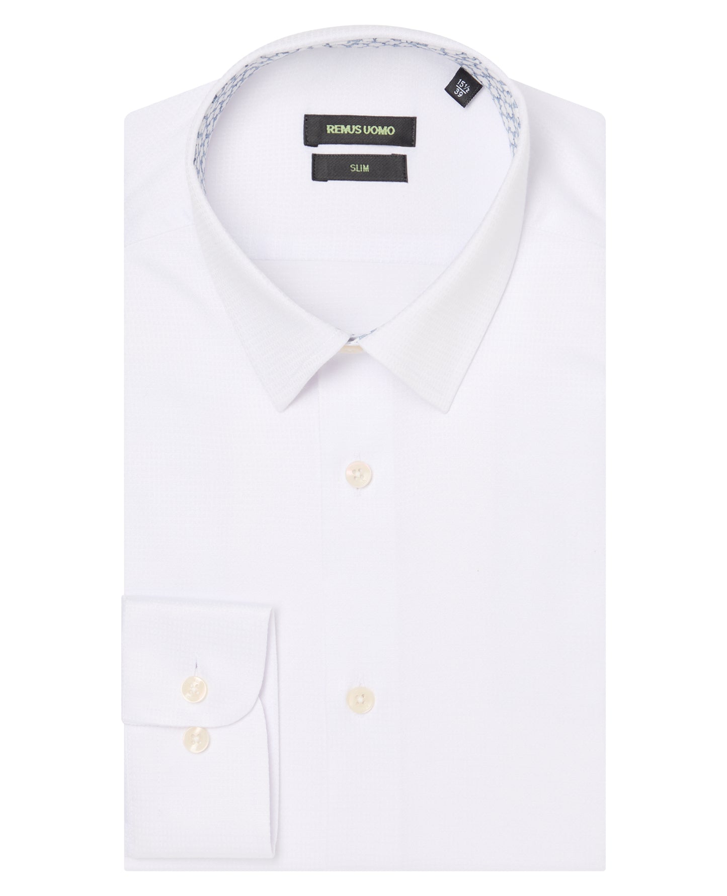 Man wearing a white Slim Fit Cotton Stretch Jacquard Shirt