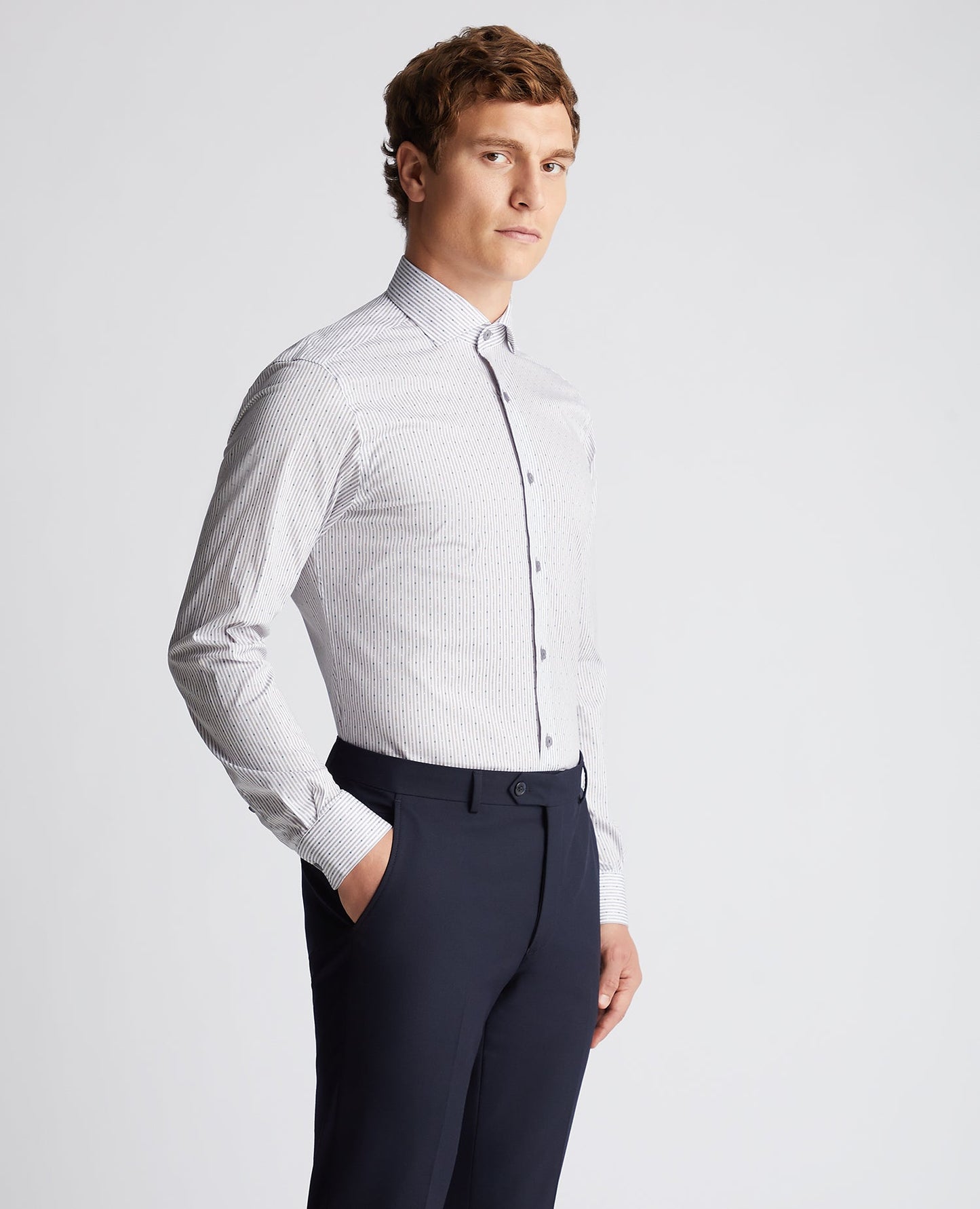 Man wearing a grey Tapered Fit Striped Cotton-Stretch Shirt