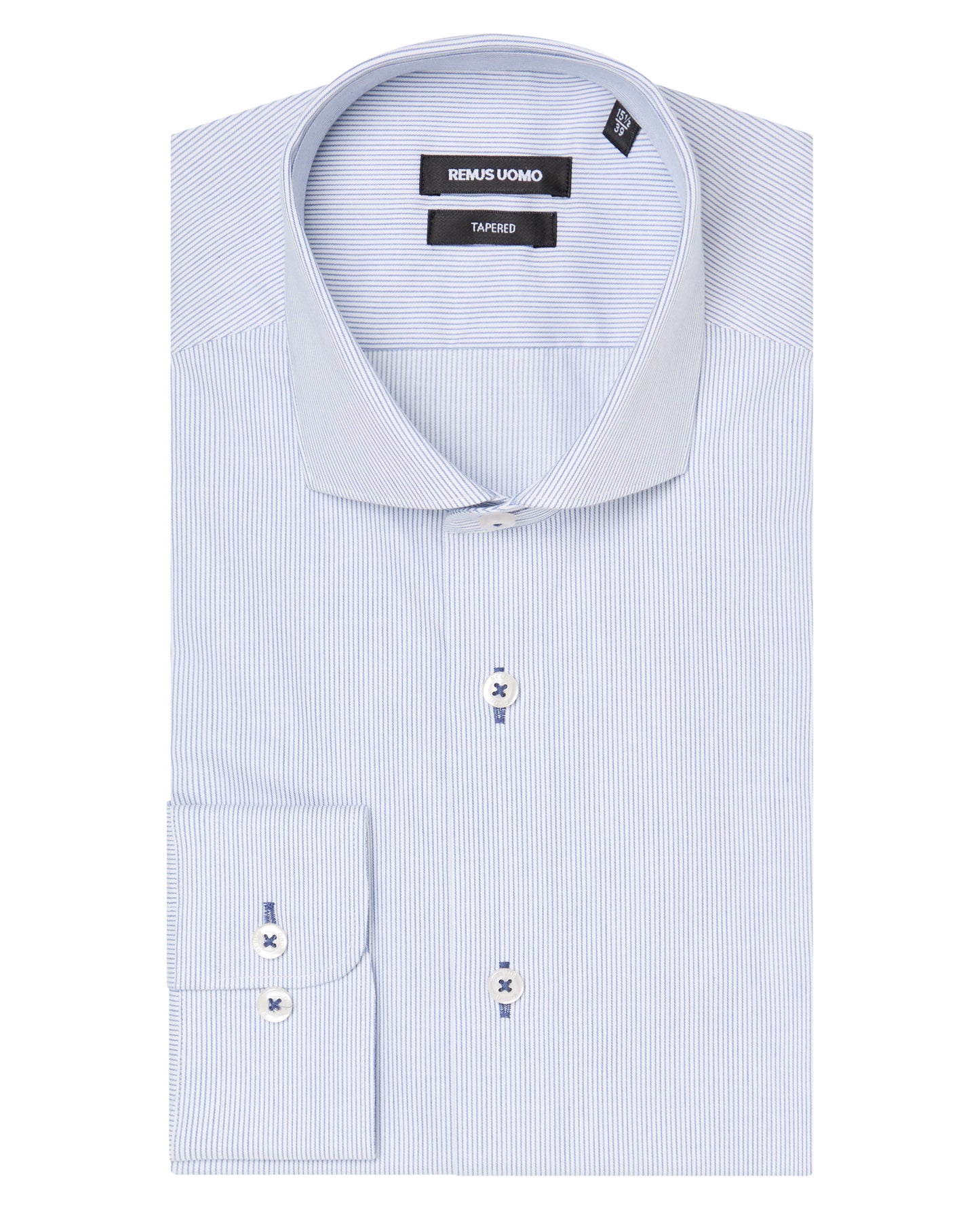 Man wearing a blue Tapered Fit Cotton Stretch Pinstripe Shirt