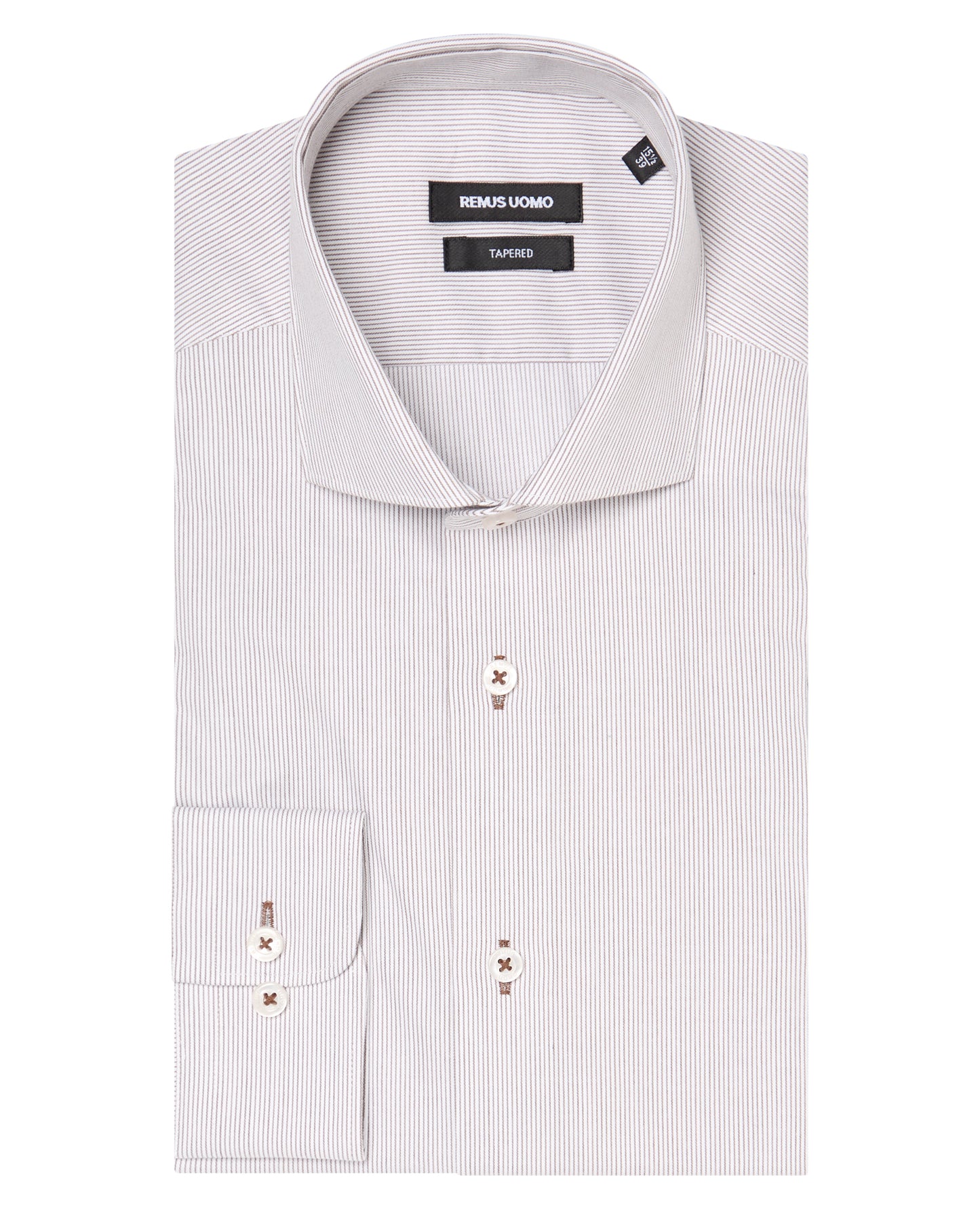 Man wearing a brown Tapered Fit Cotton Stretch Pinstripe Shirt