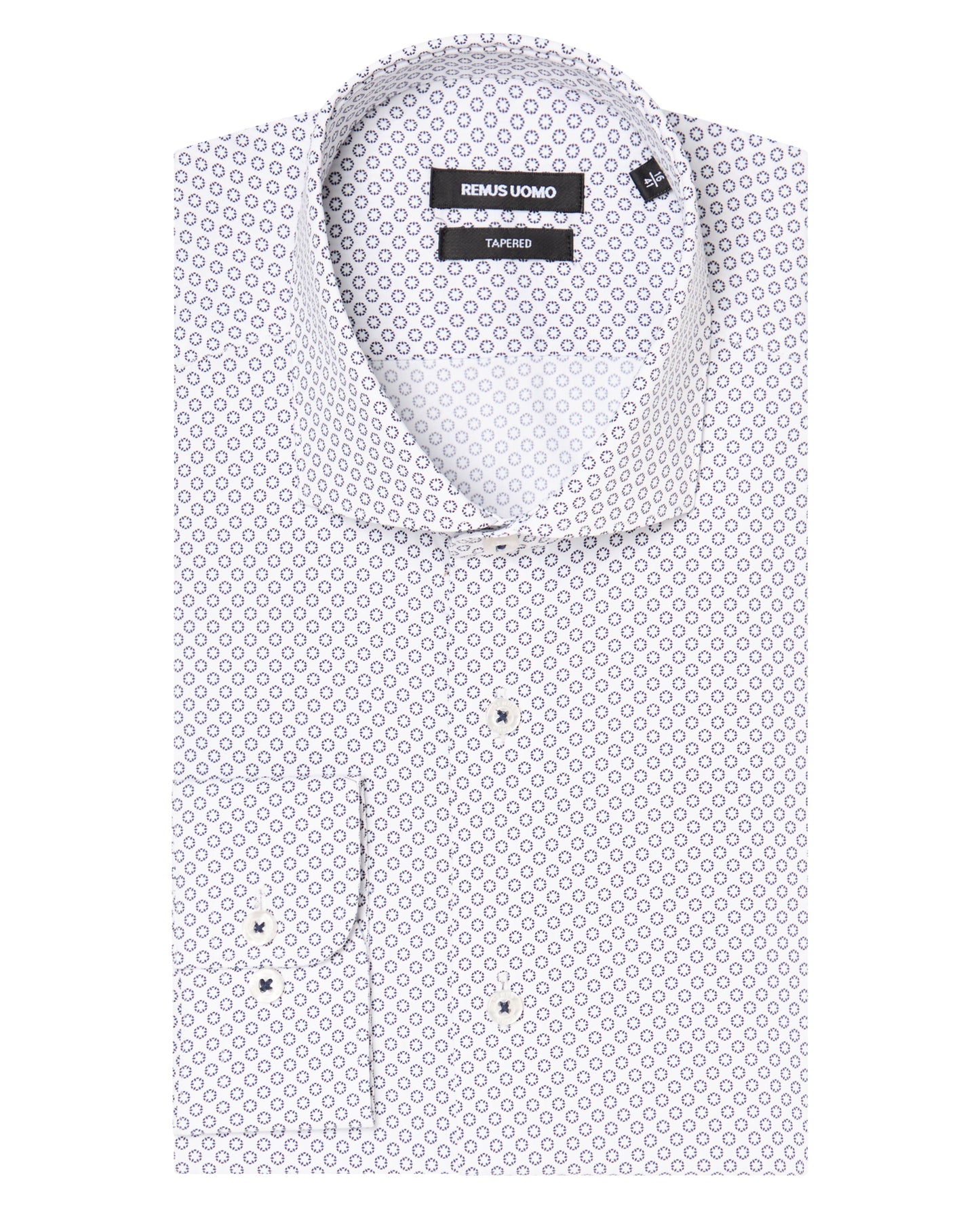Man wearing a navy Tapered Fit Cotton Stretch Printed Shirt