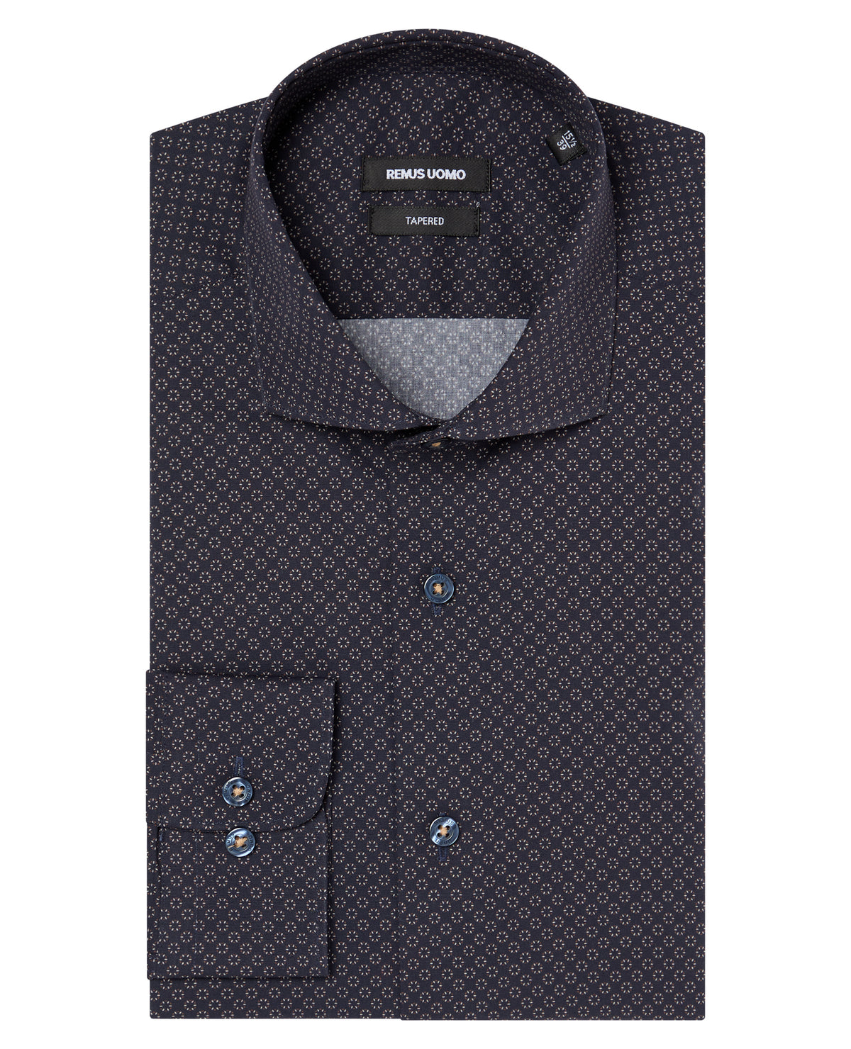 Man wearing a navy Tapered Fit Cotton Stretch Printed Shirt