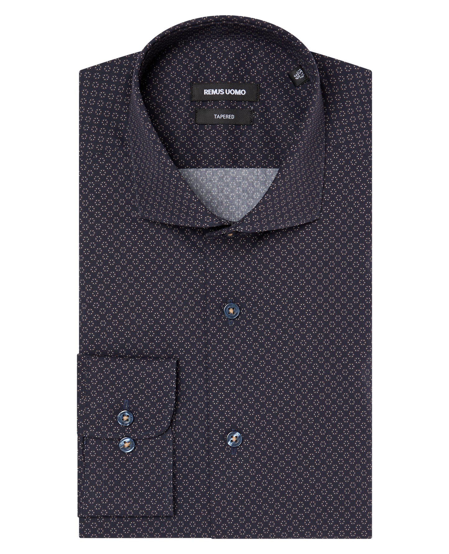 Man wearing a navy Tapered Fit Cotton Stretch Printed Shirt