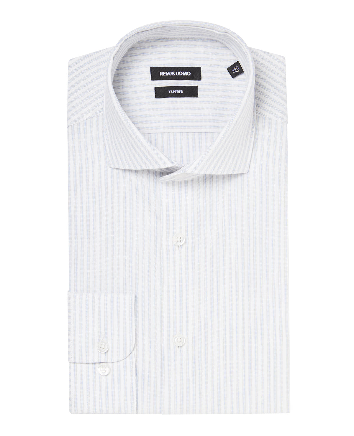 Man wearing a blue Tapered Fit Striped Cotton-Linen Shirt