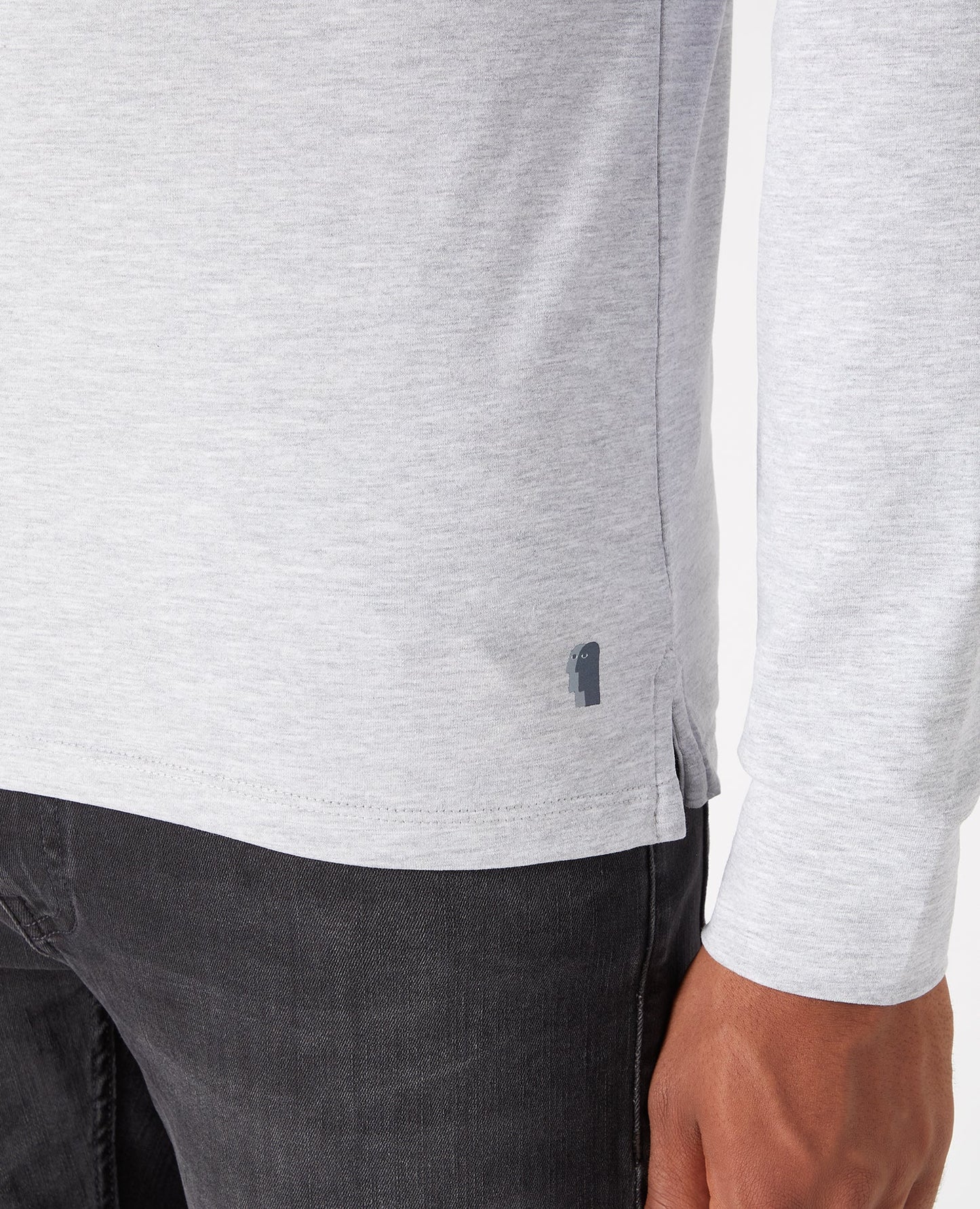 Man wearing a grey Tapered Fit Cotton-Stretch Long Sleeve T-Shirt