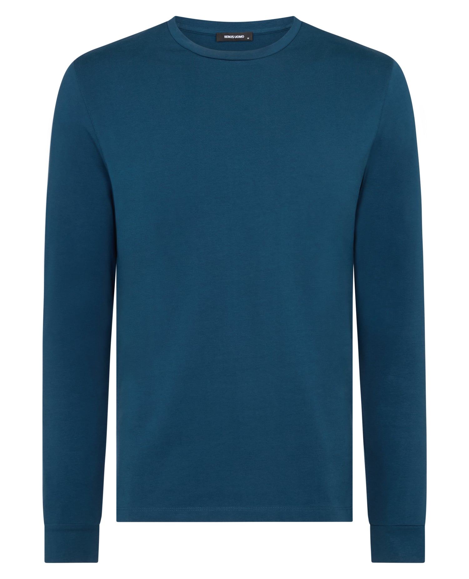 Man wearing a blue Tapered Fit Cotton-Stretch T-Shirt