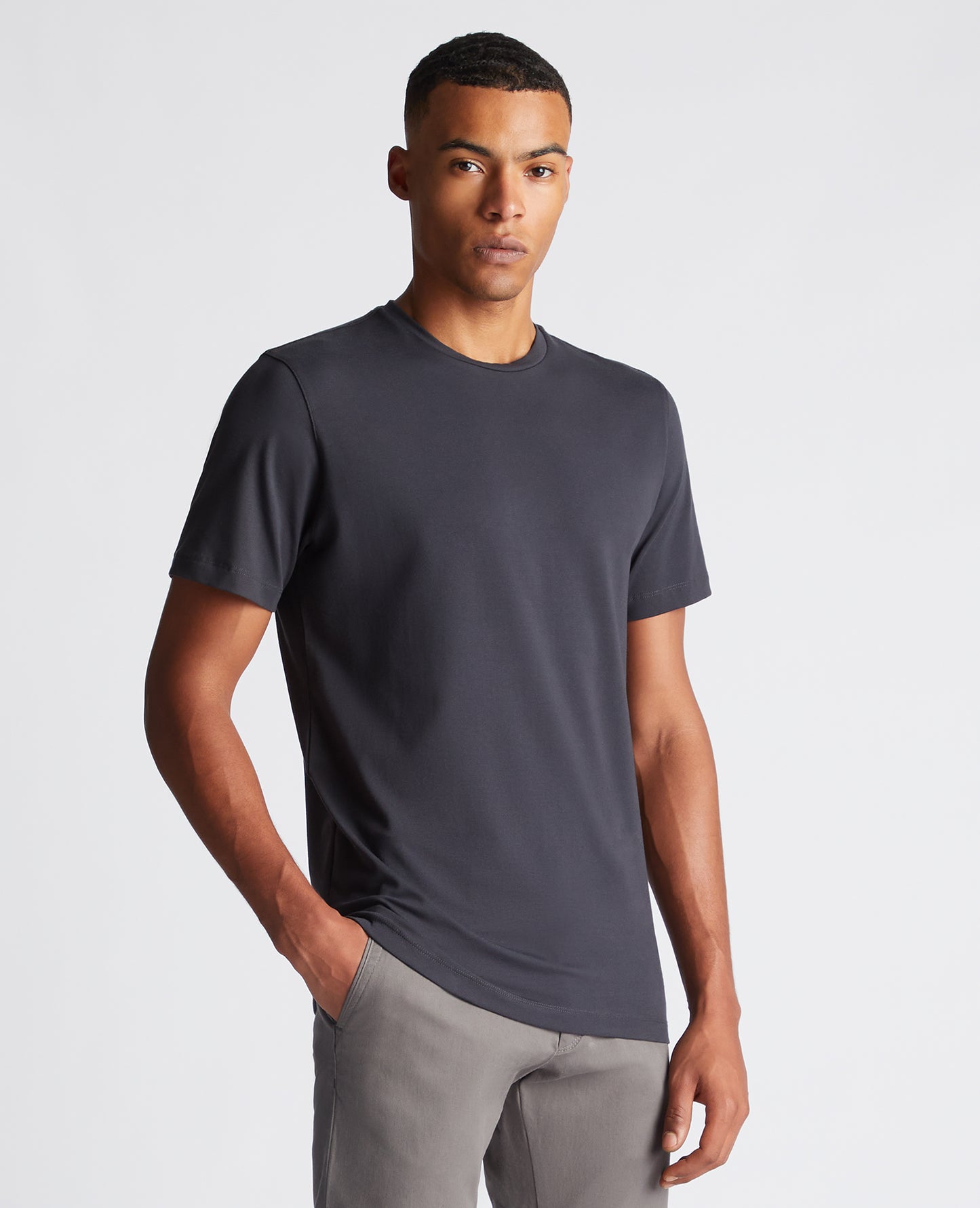 Man wearing a grey Tapered Fit Cotton-Stretch T-Shirt