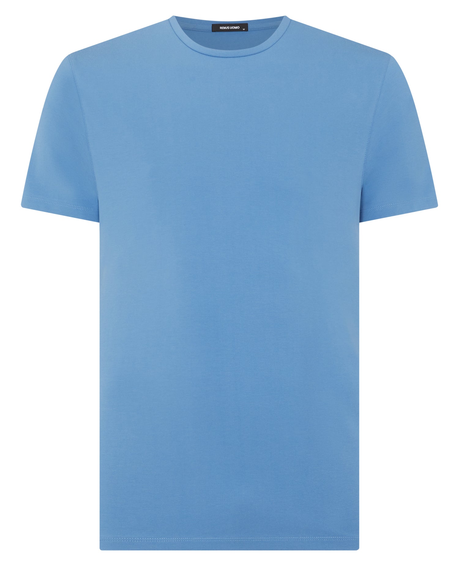 Man wearing a blue Tapered Fit Cotton-Stretch T-Shirt