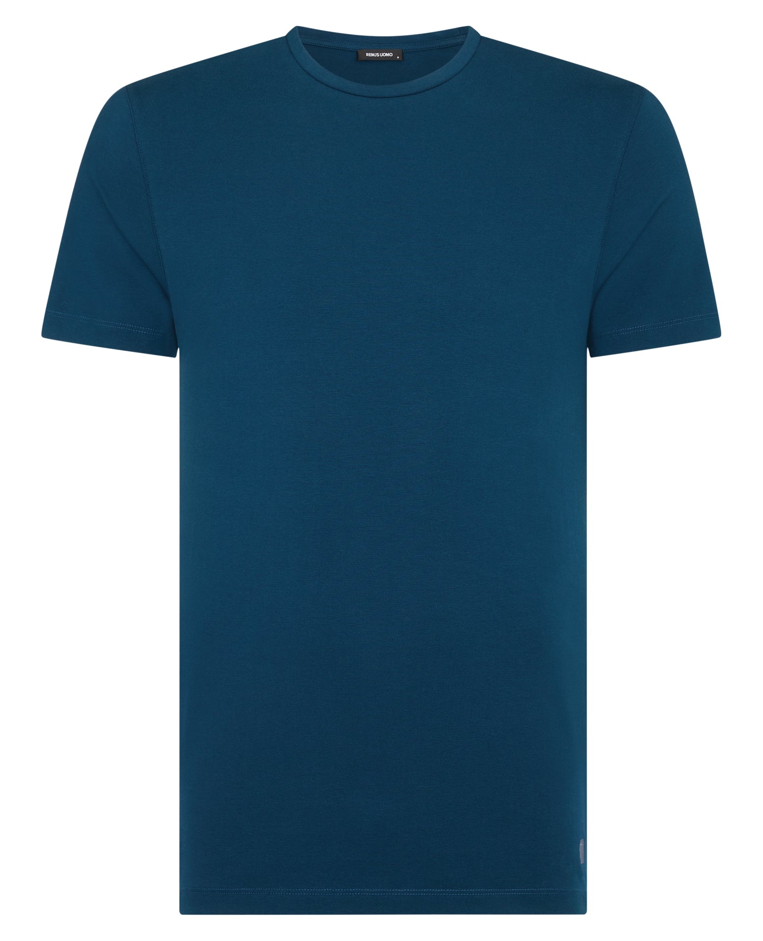 Man wearing a blue Tapered Fit Cotton-Stretch T-Shirt