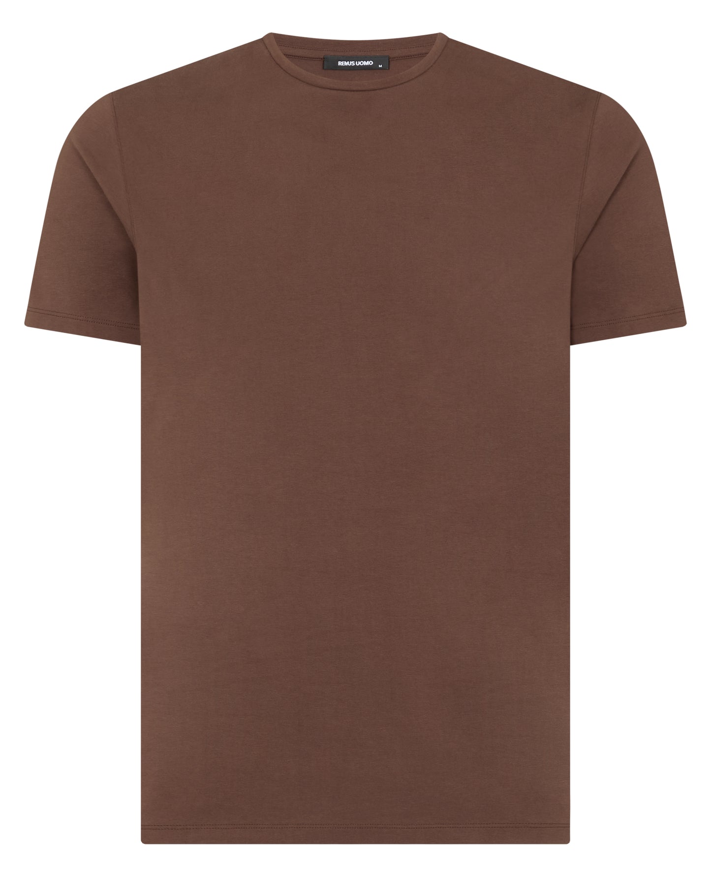 Man wearing a brown Tapered Fit Cotton-Stretch T-Shirt
