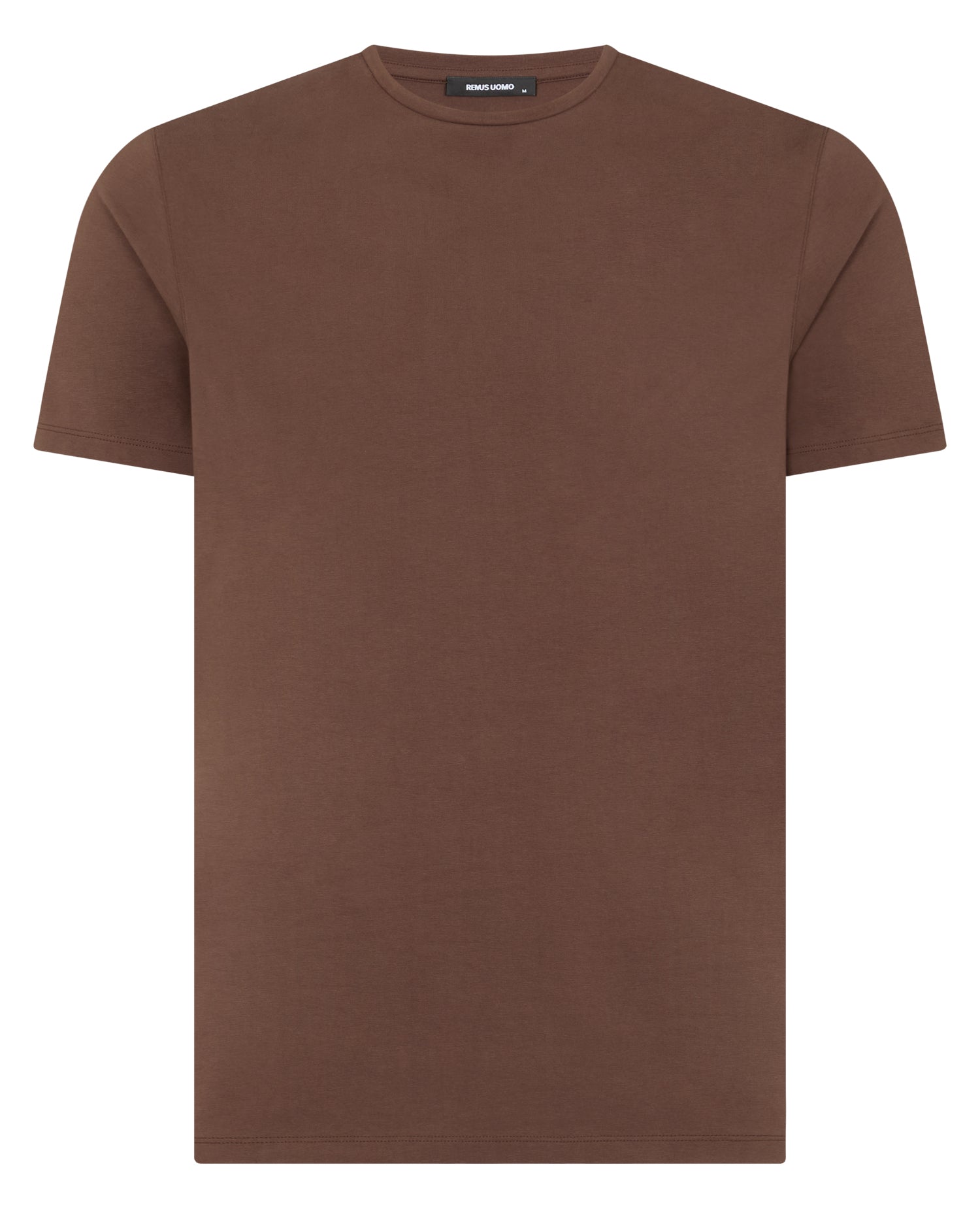 Man wearing a brown Tapered Fit Cotton-Stretch T-Shirt