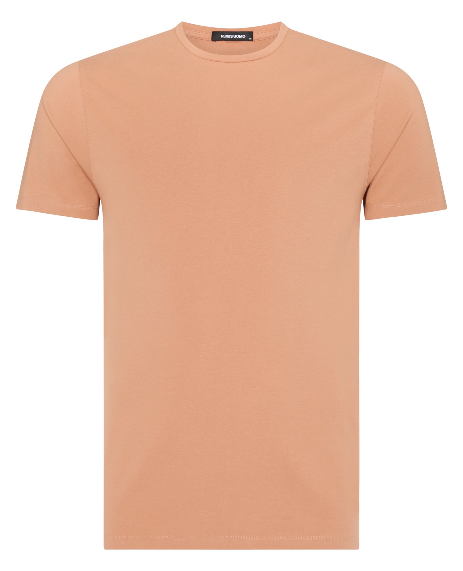 Man wearing a red Tapered Fit Cotton-Stretch T-Shirt