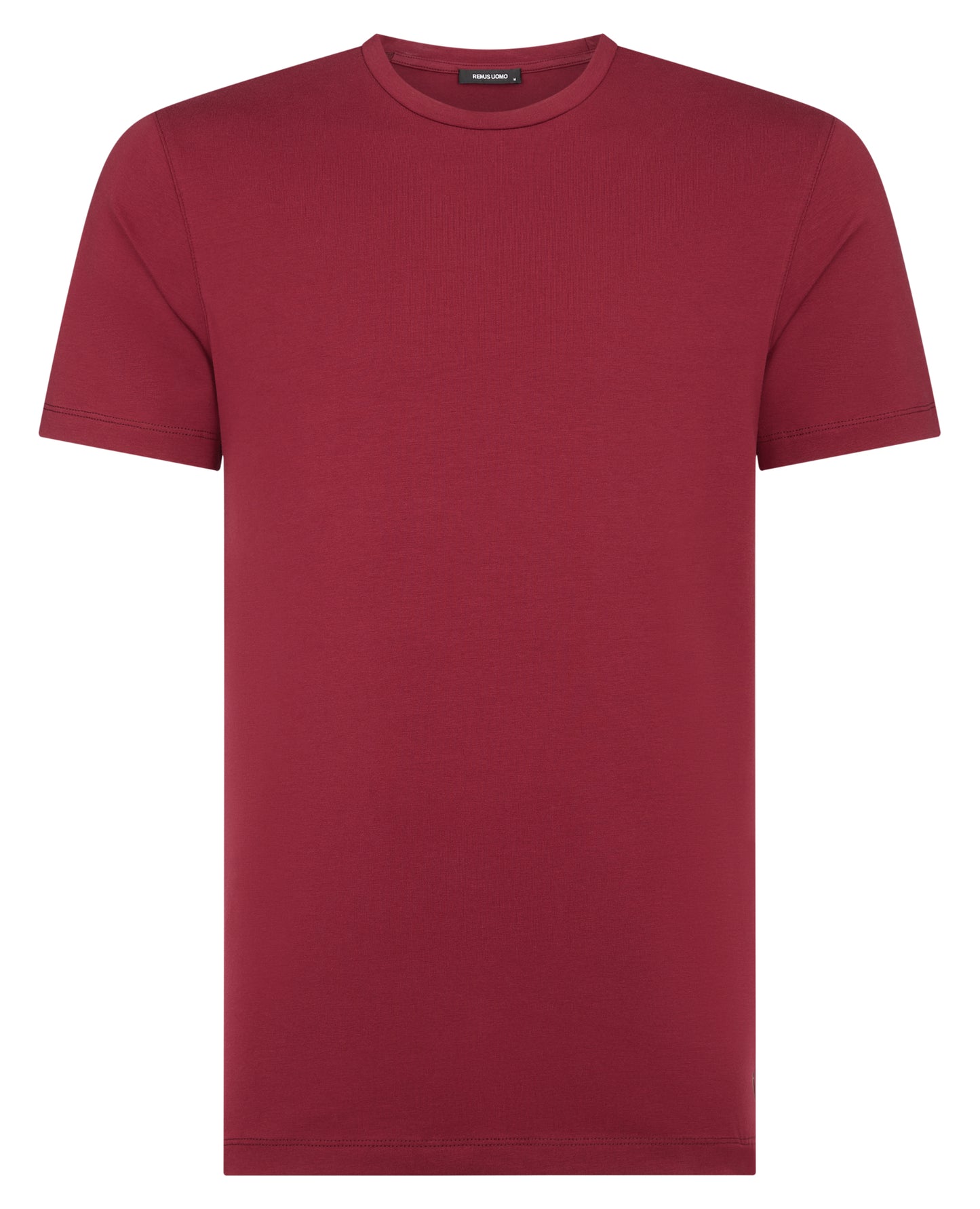 Man wearing a red Tapered Fit Cotton-Stretch T-Shirt