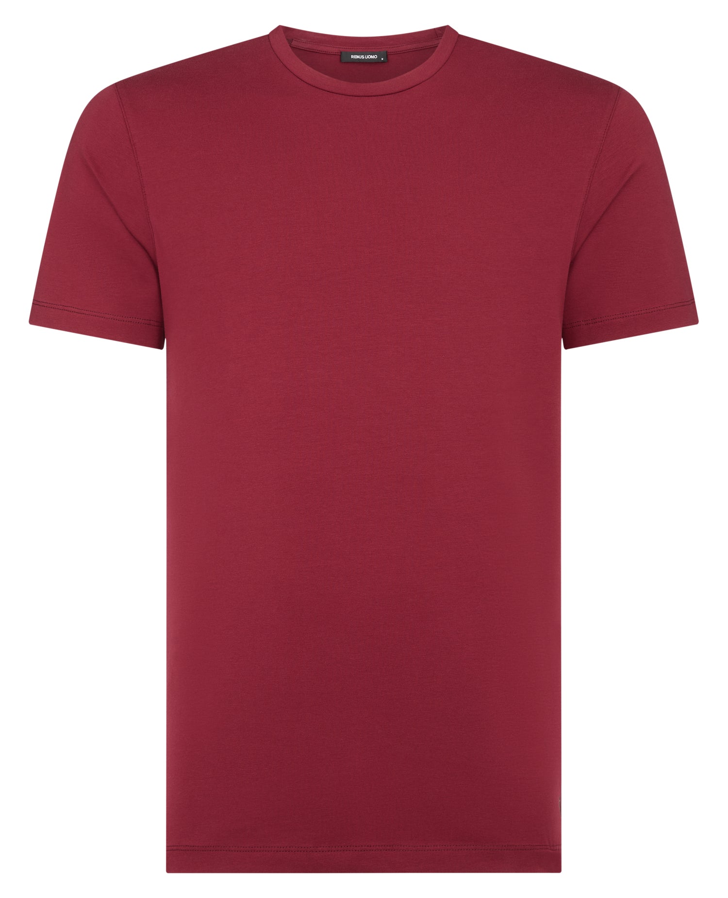 Man wearing a red Tapered Fit Cotton-Stretch T-Shirt