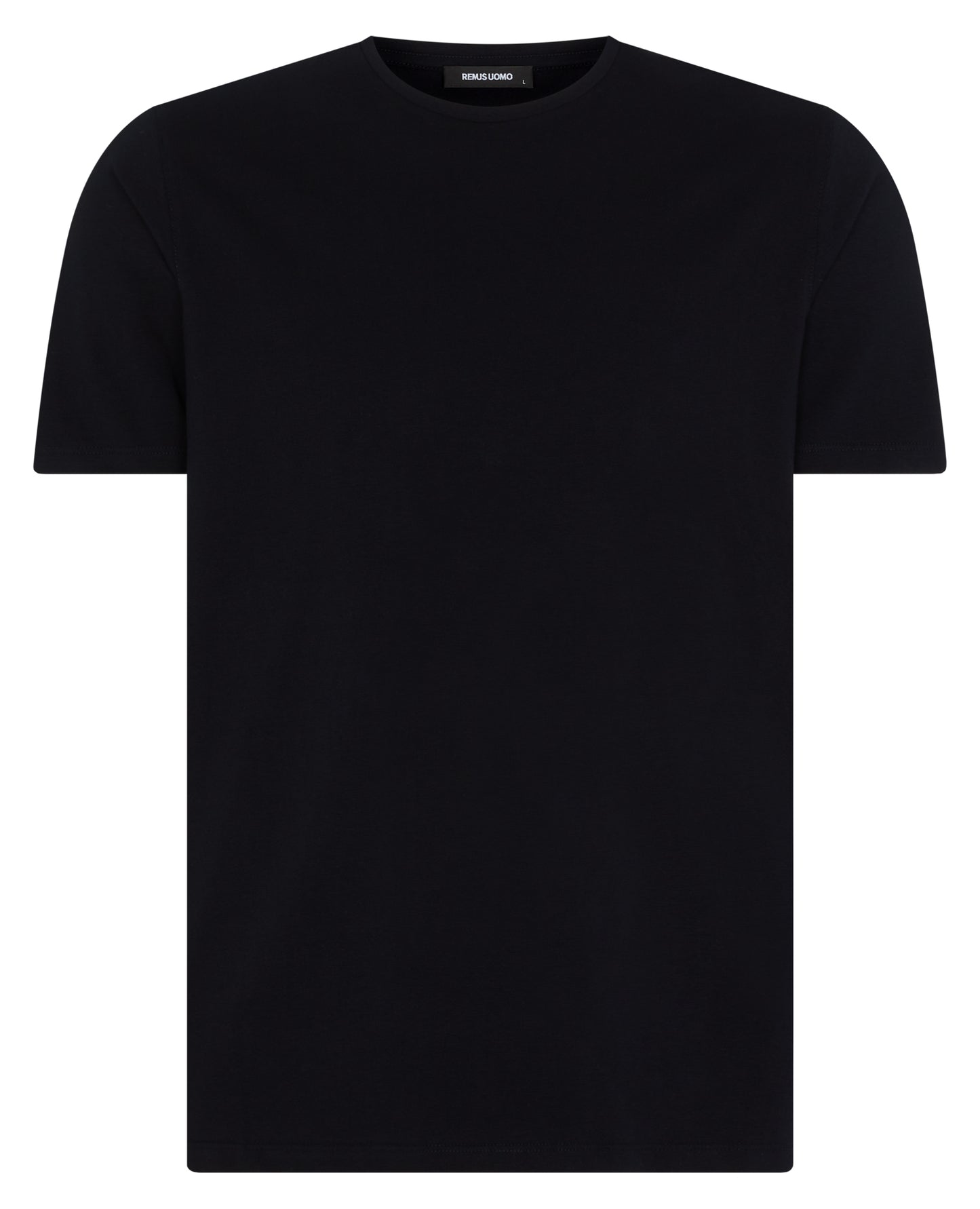Man wearing a navy Tapered Fit Cotton-Stretch T-Shirt