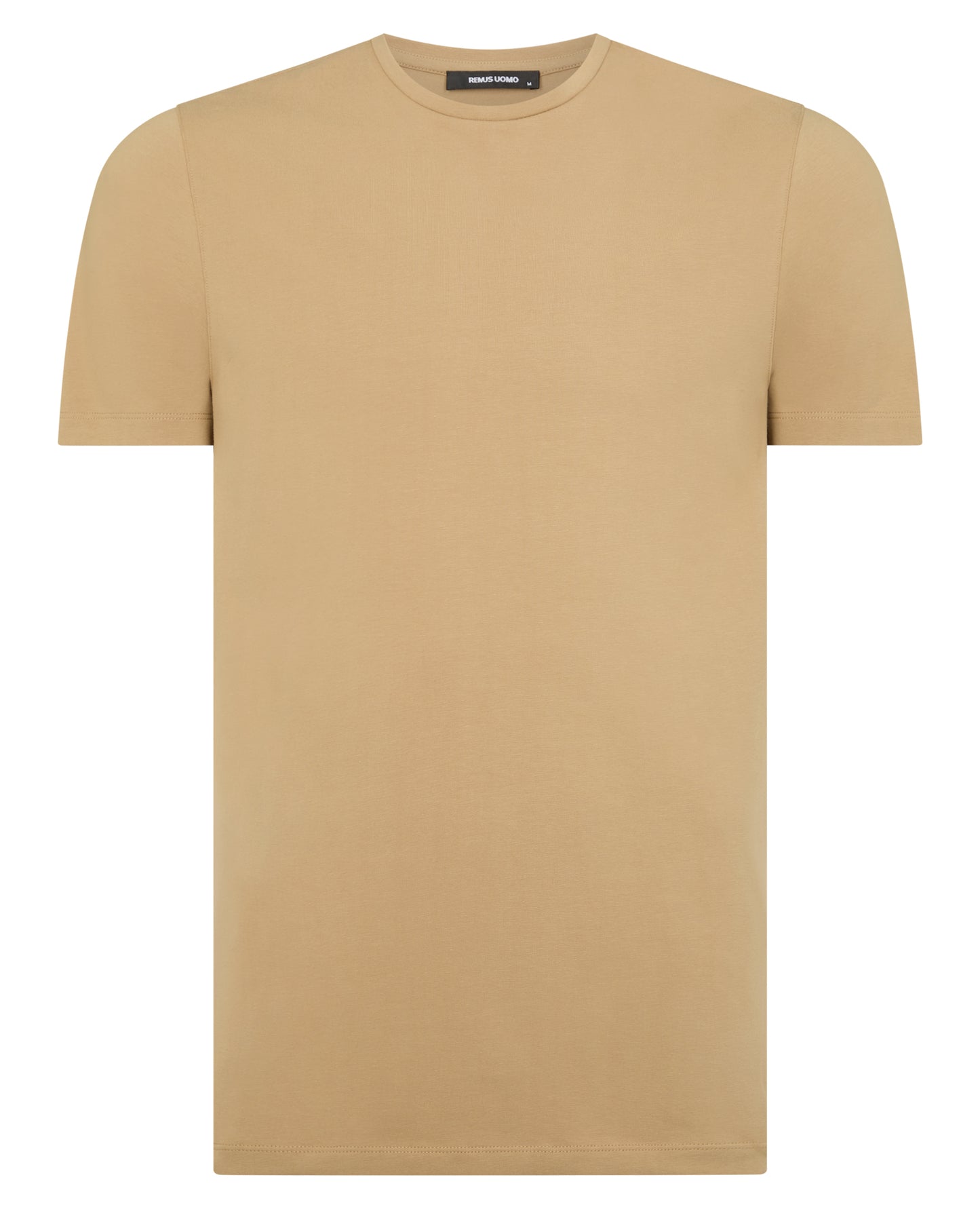 Man wearing a sand Tapered Fit Cotton-Stretch T-Shirt