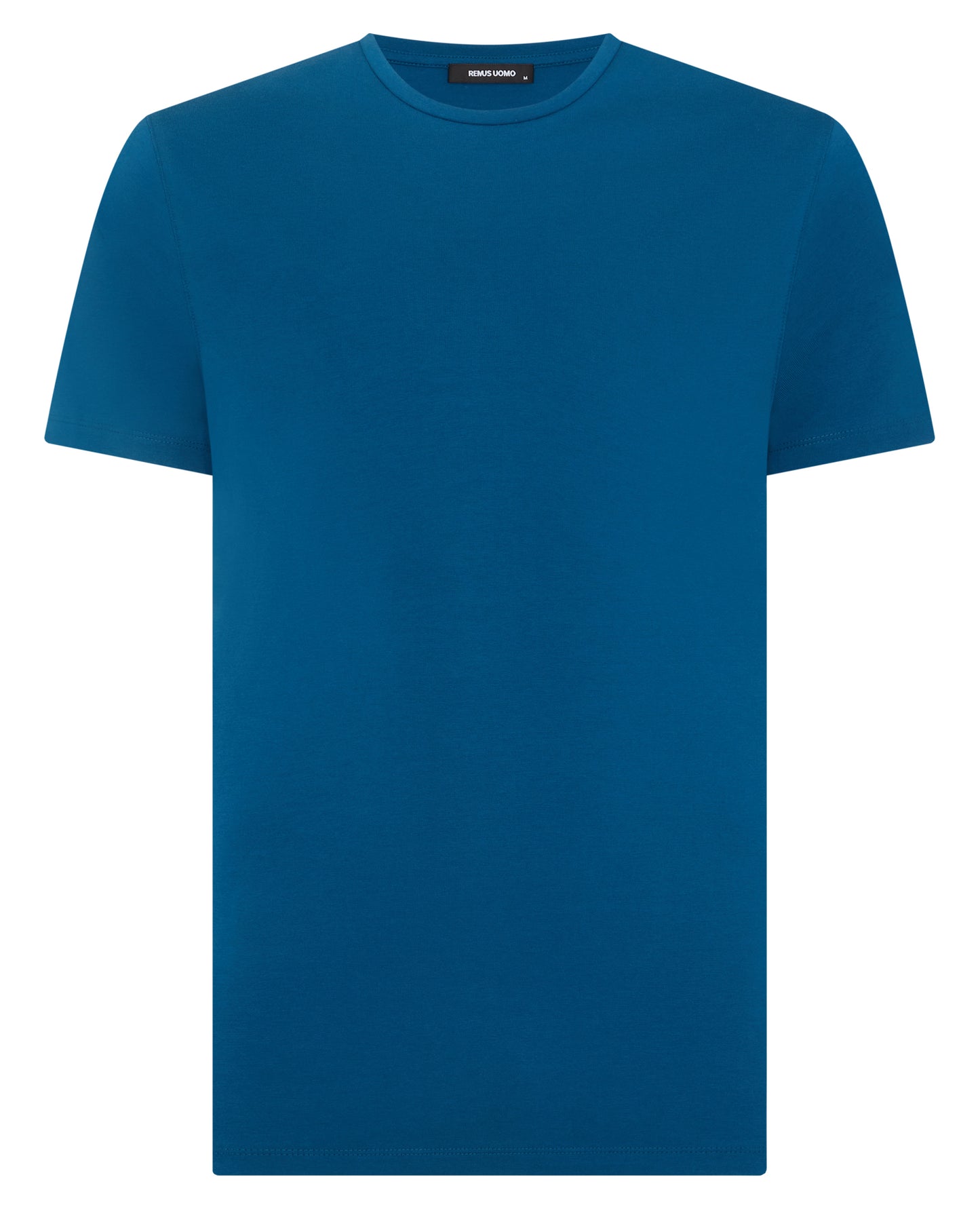 Man wearing a blue Tapered Fit Cotton-Stretch T-Shirt
