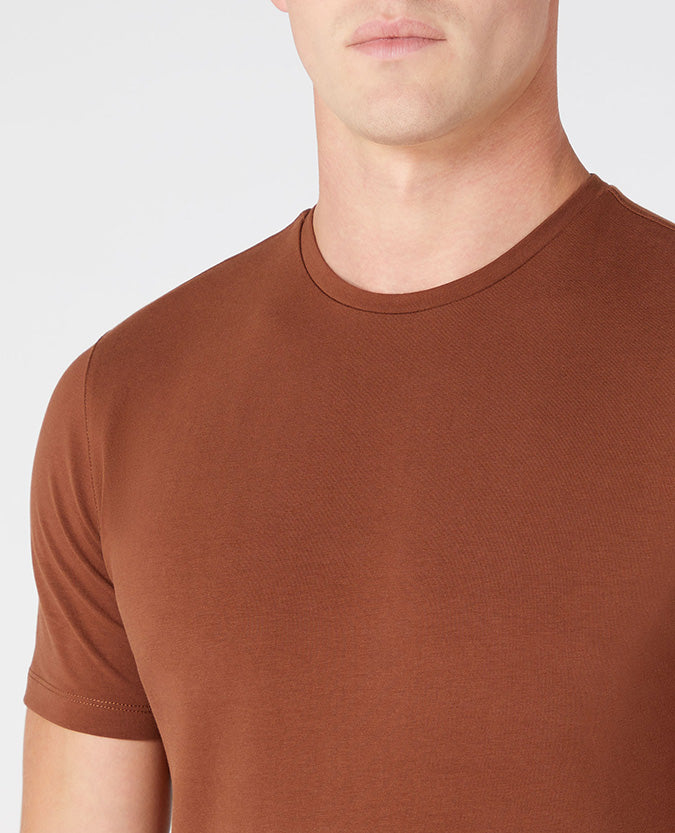 Man wearing a brown Tapered Fit Cotton-Stretch T-Shirt