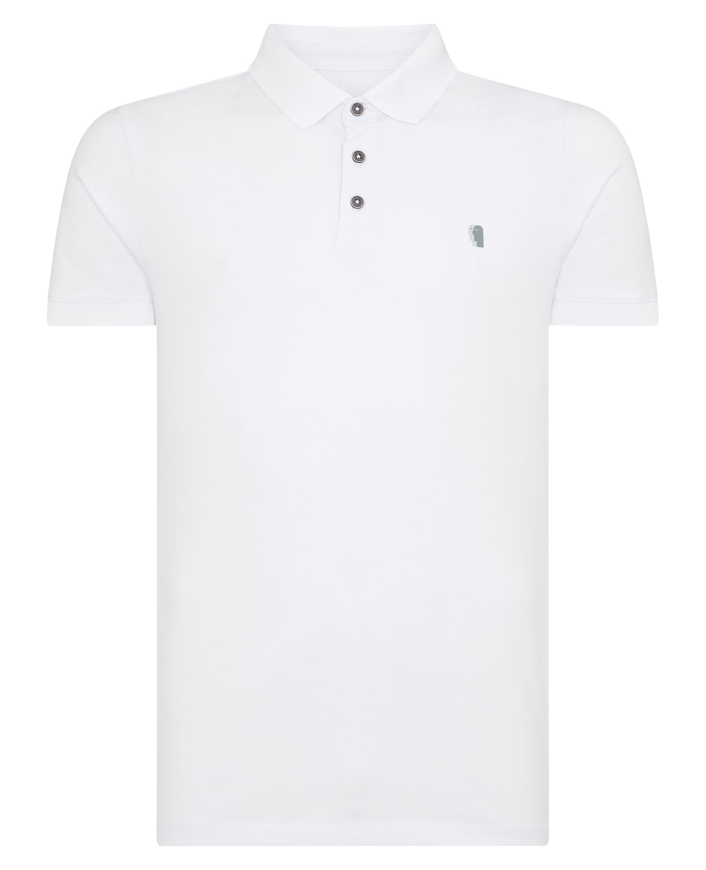 Man wearing a white Tapered Fit Cotton-Stretch Polo Shirt