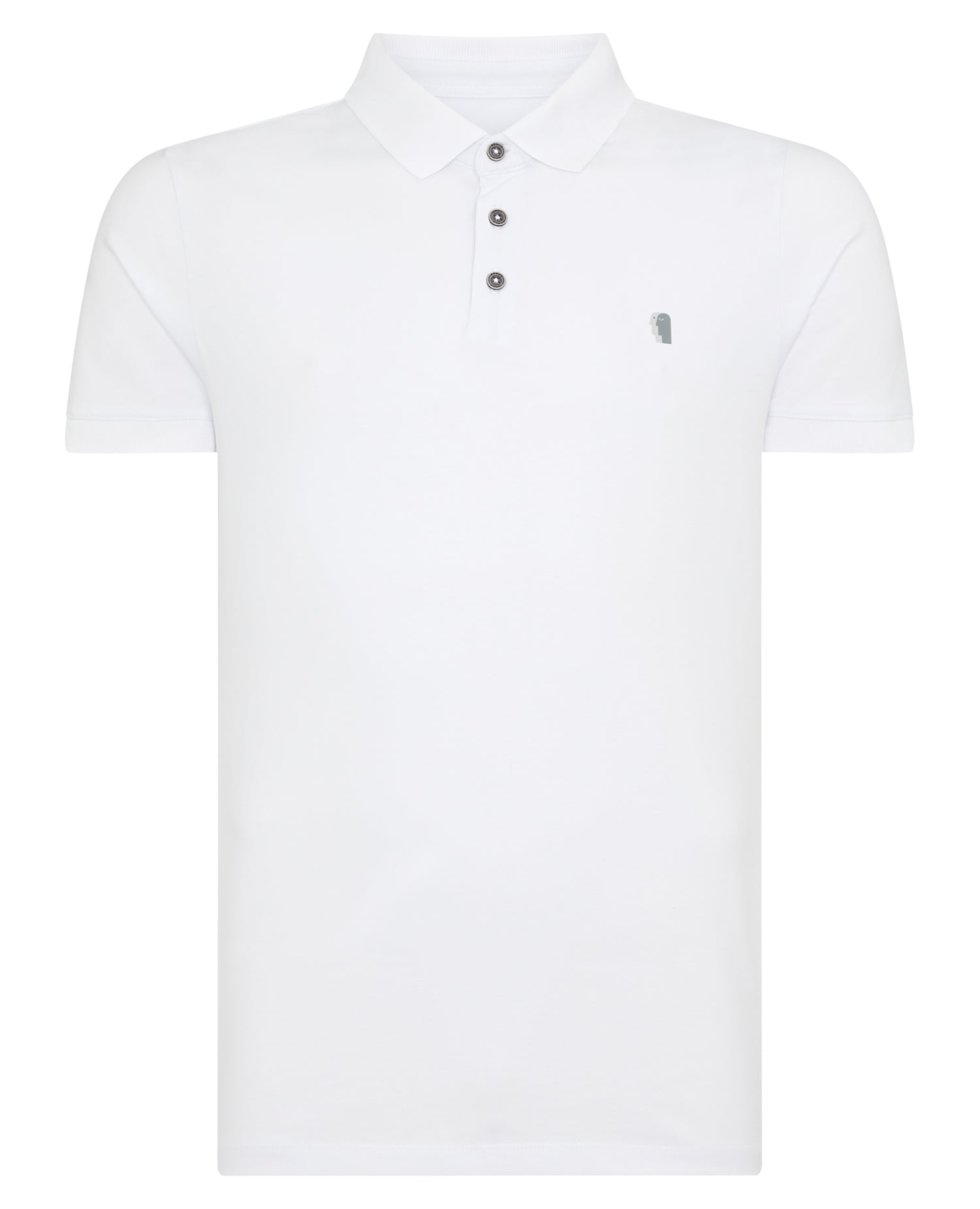 Man wearing a white Tapered Fit Cotton-Stretch Polo Shirt