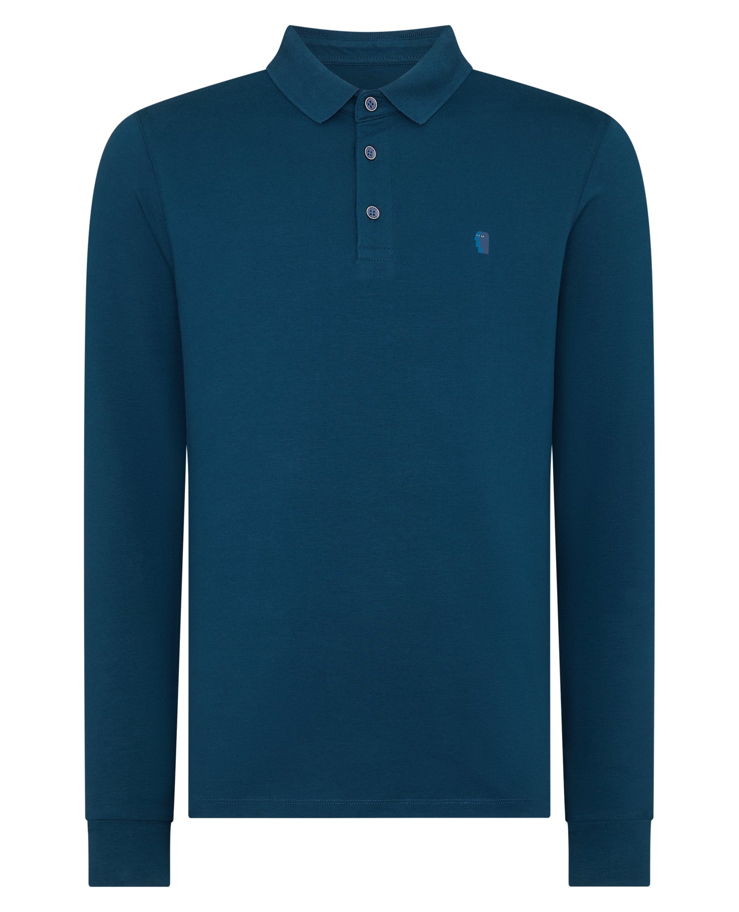 Man wearing a blue Tapered Fit Cotton-Stretch Long-Sleeve Polo Shirt