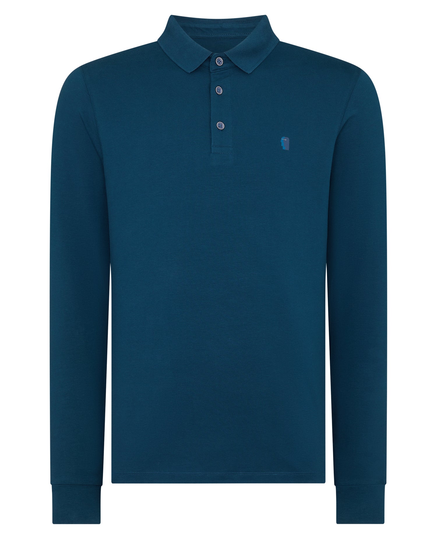Man wearing a blue Tapered Fit Cotton-Stretch Long-Sleeve Polo Shirt