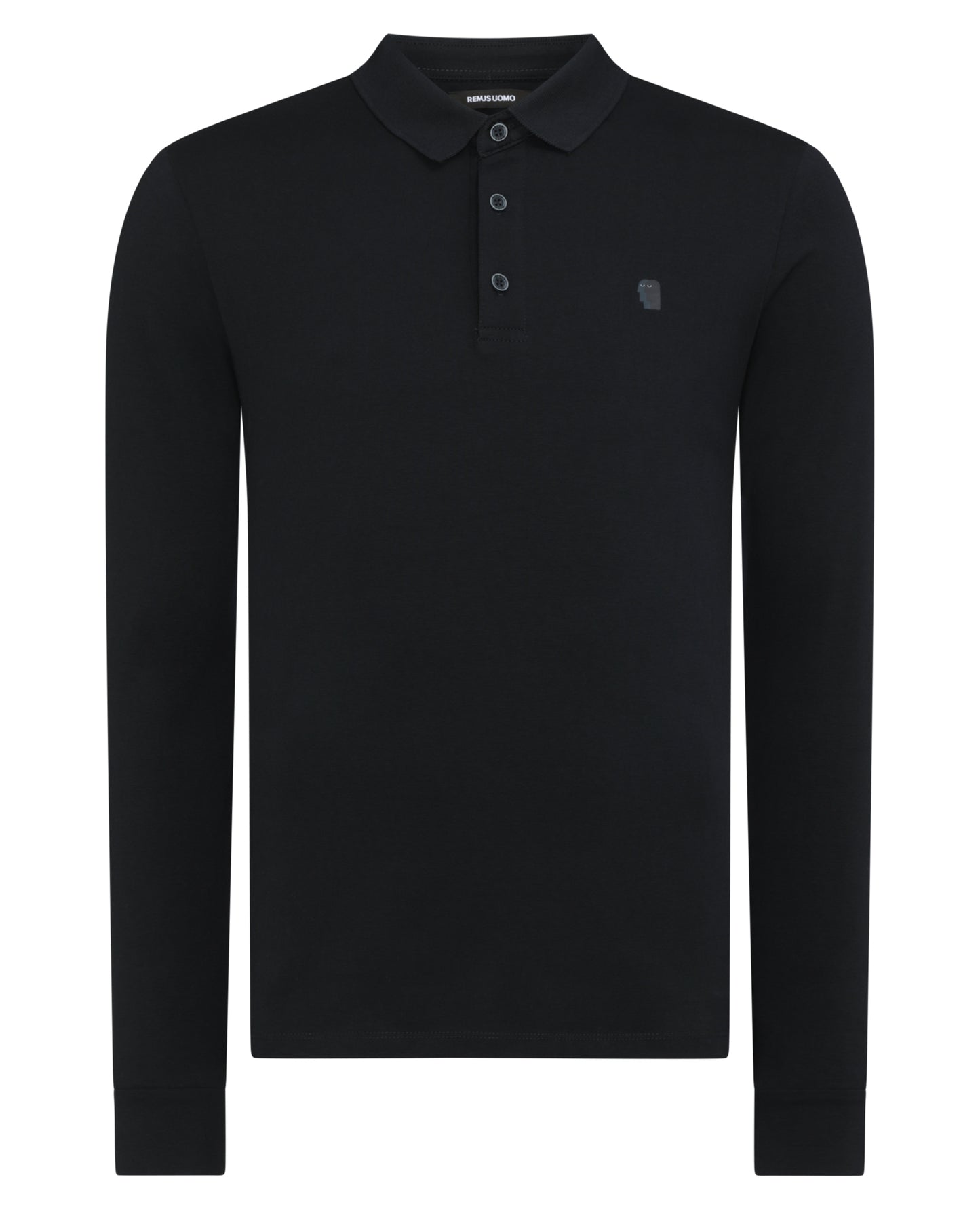 Man wearing a navy Tapered Fit Cotton-Stretch Long-Sleeve Polo Shirt