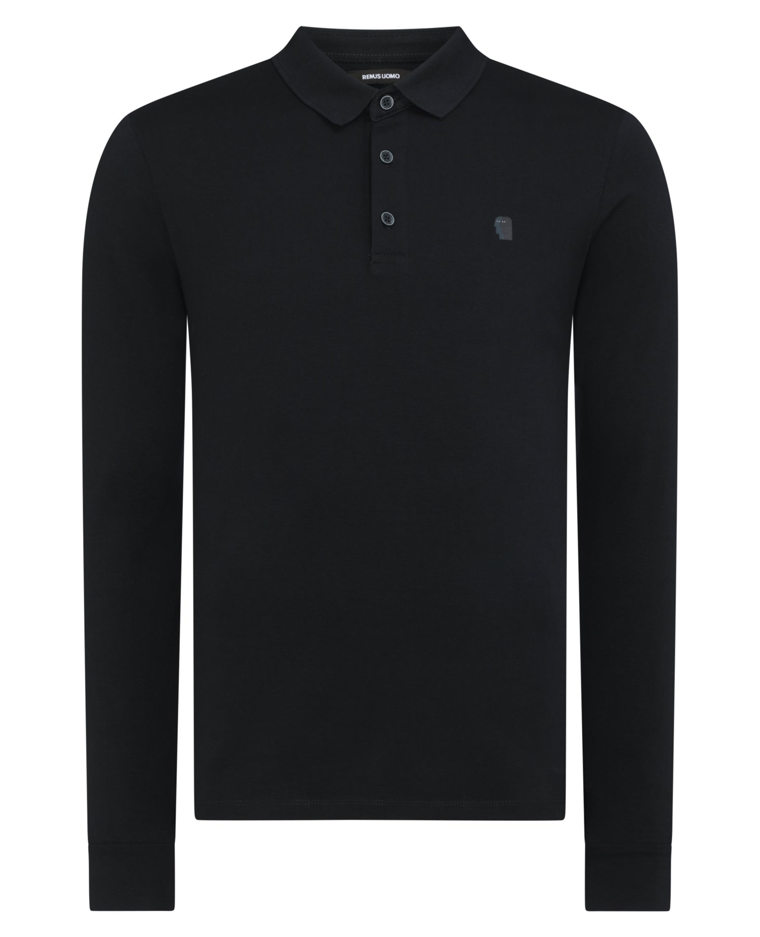 Man wearing a navy Tapered Fit Cotton-Stretch Long-Sleeve Polo Shirt
