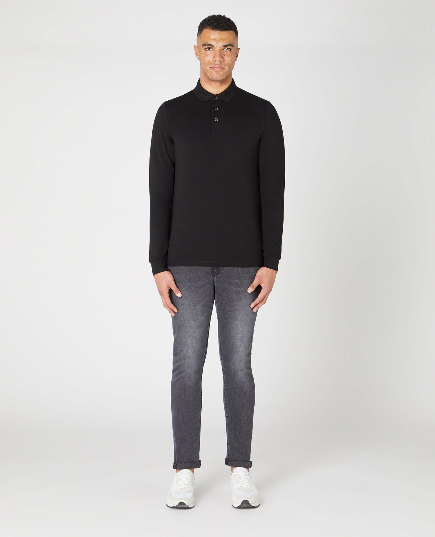 Tapered Fit Cotton-Stretch Long-sleeve Polo Shirt