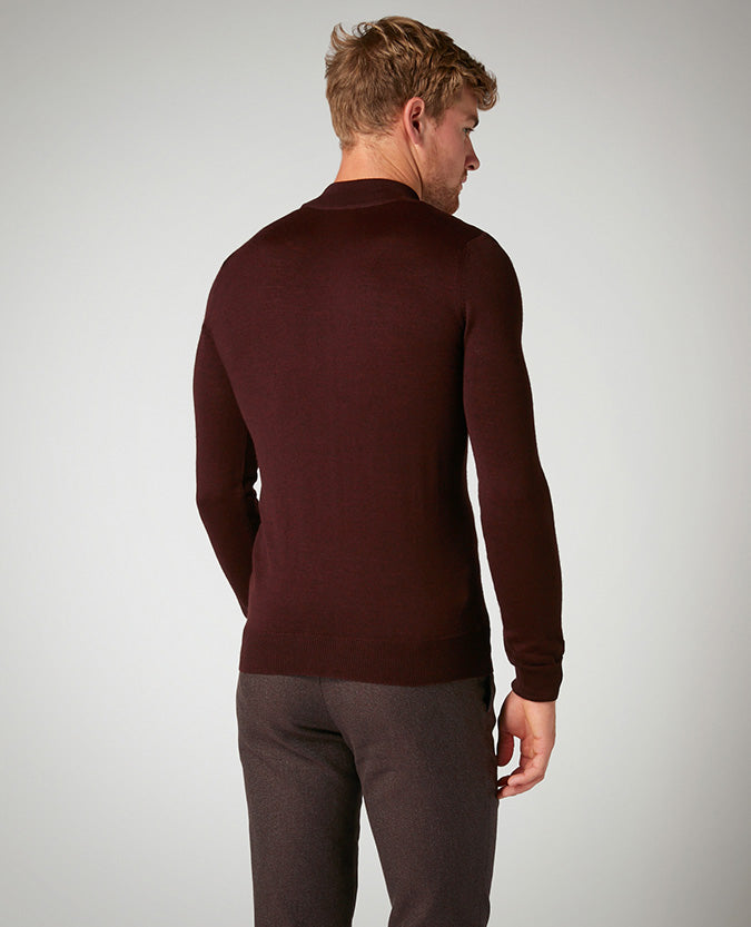 Man wearing a red Slim Fit Merino Wool-Blend Turtle Neck