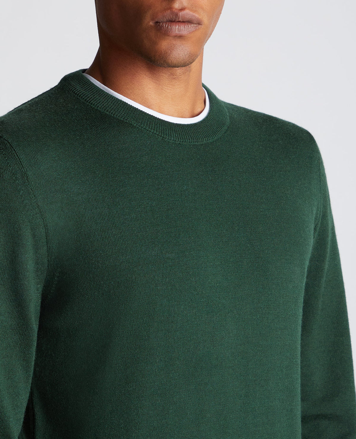 Man wearing a green Tapered Fit Merino Wool-Blend Crew Neck Sweater