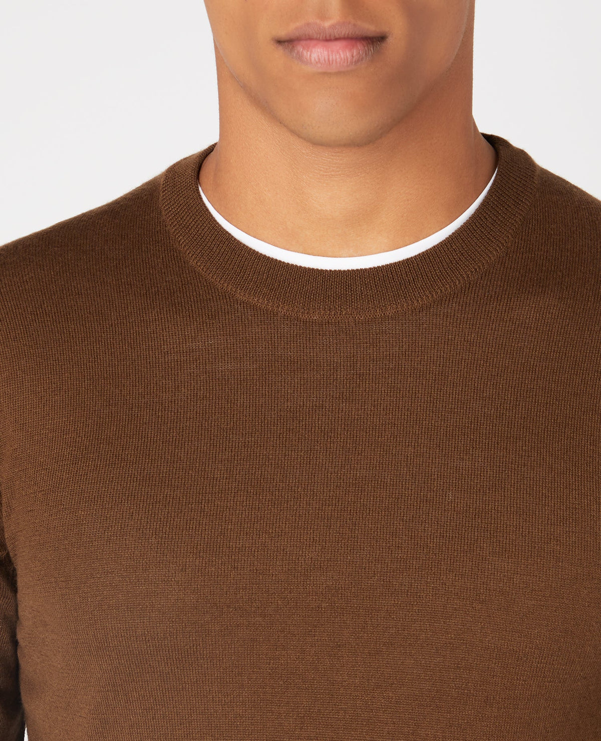 Man wearing a brown Tapered Fit Merino Wool-Acrylic Crew Neck Long Sleeve