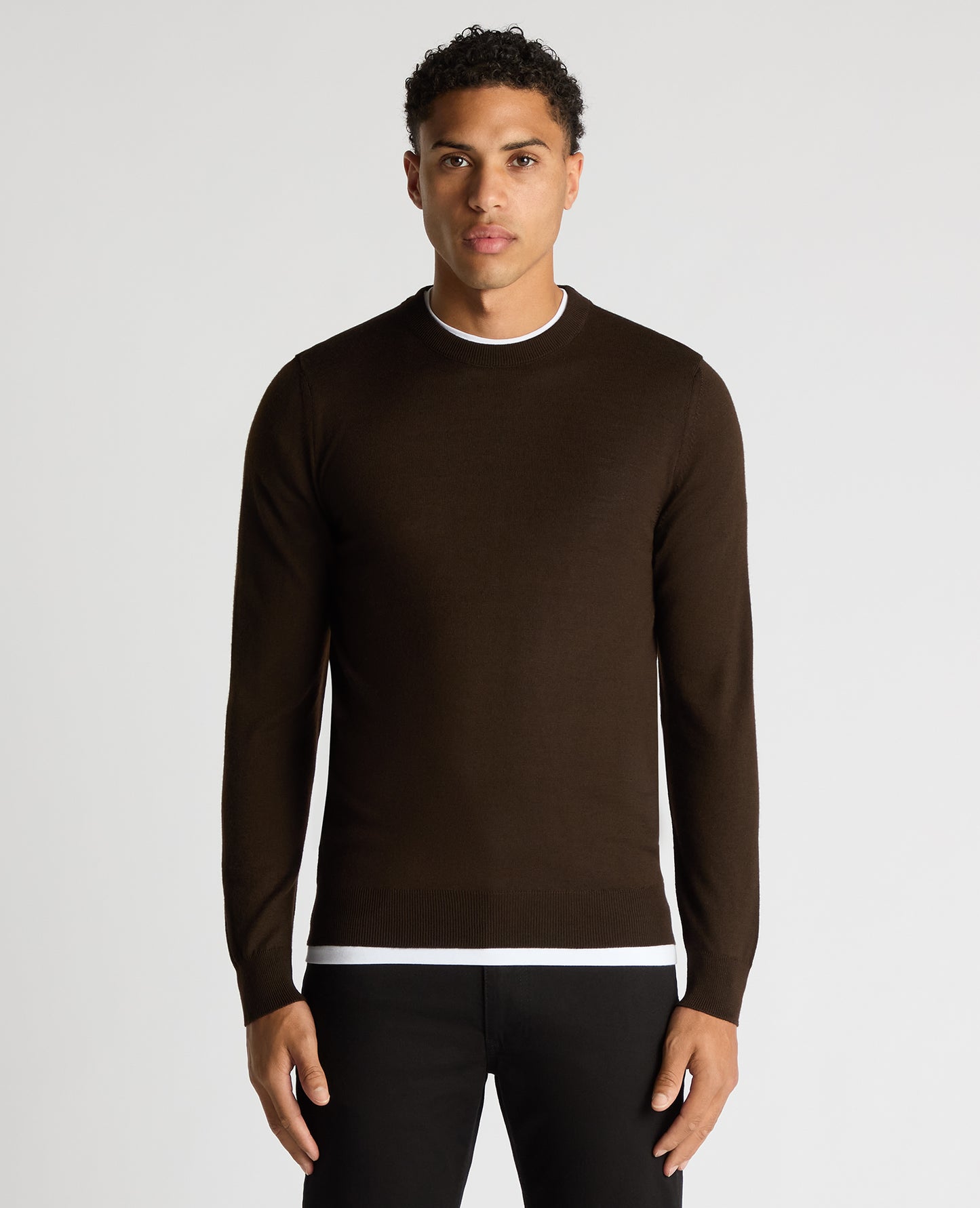Man wearing a brown Tapered Fit Merino Wool-Blend Crew Neck Sweater