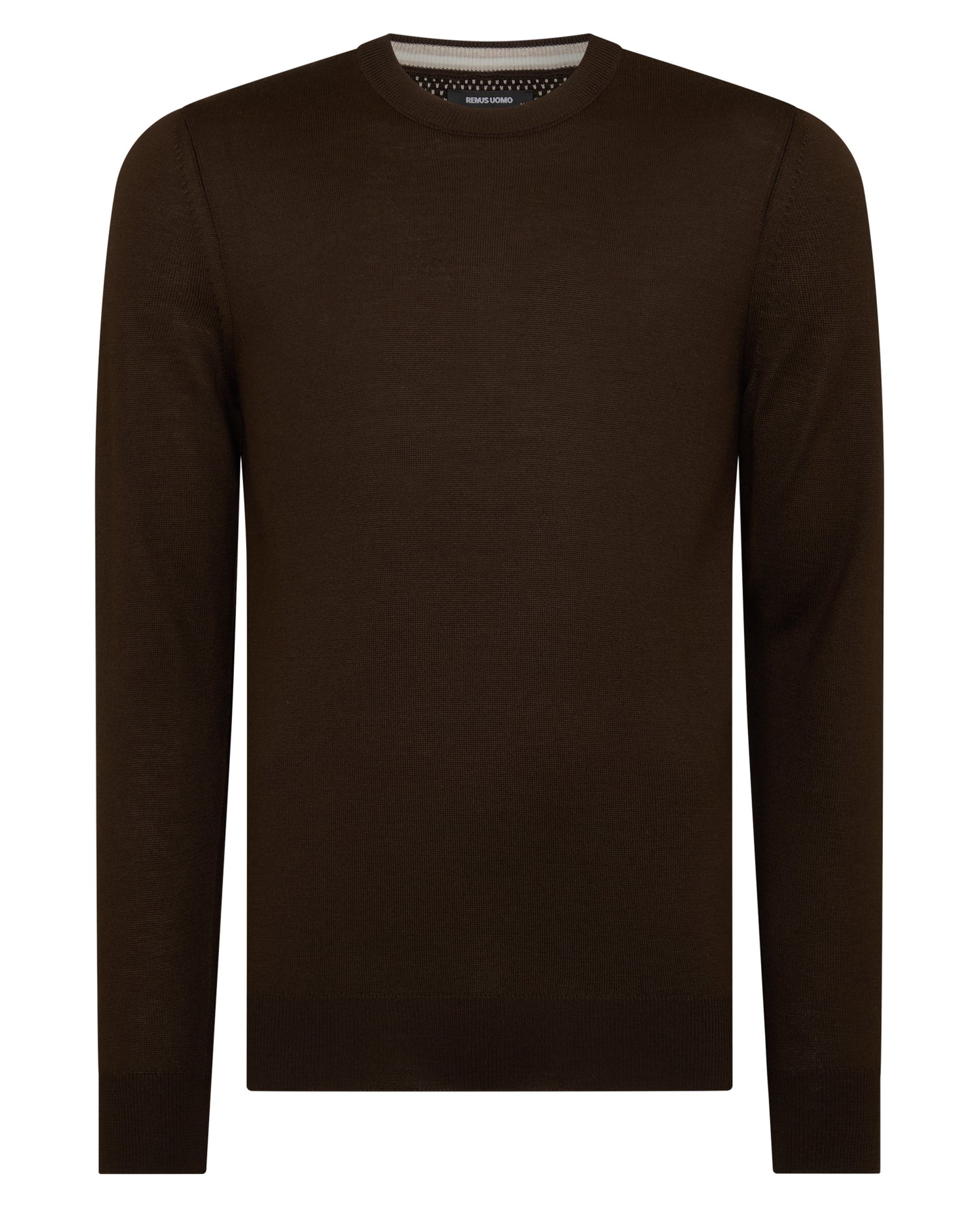 Man wearing a brown Tapered Fit Merino Wool-Blend Crew Neck Sweater