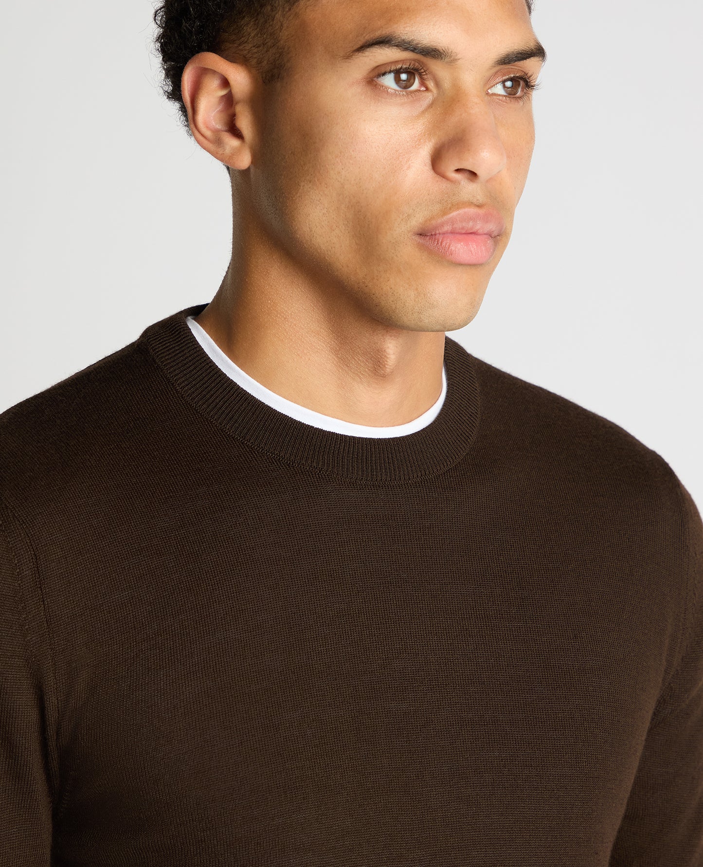 Man wearing a brown Tapered Fit Merino Wool-Blend Crew Neck Sweater