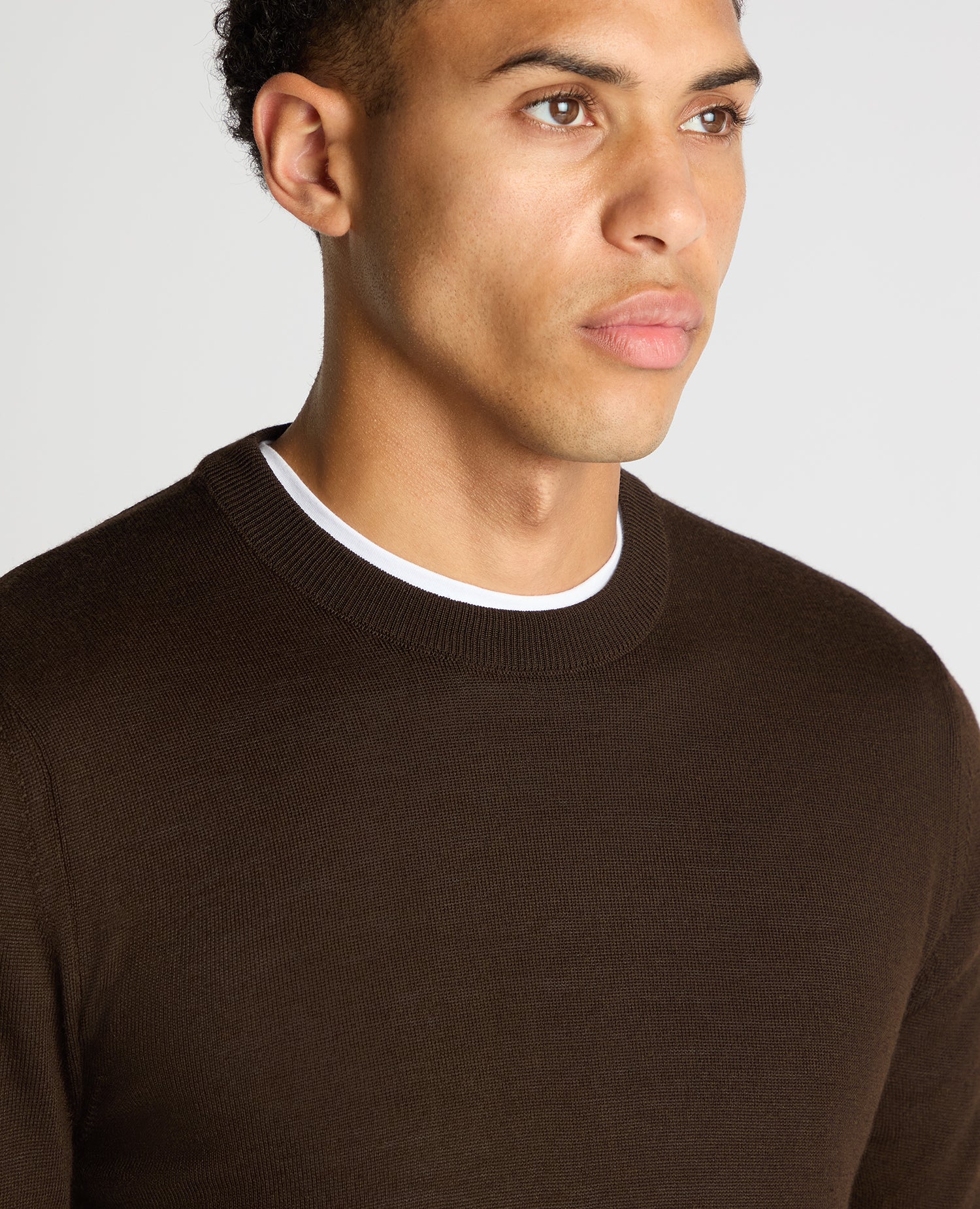 Man wearing a brown Tapered Fit Merino Wool-Blend Crew Neck Sweater