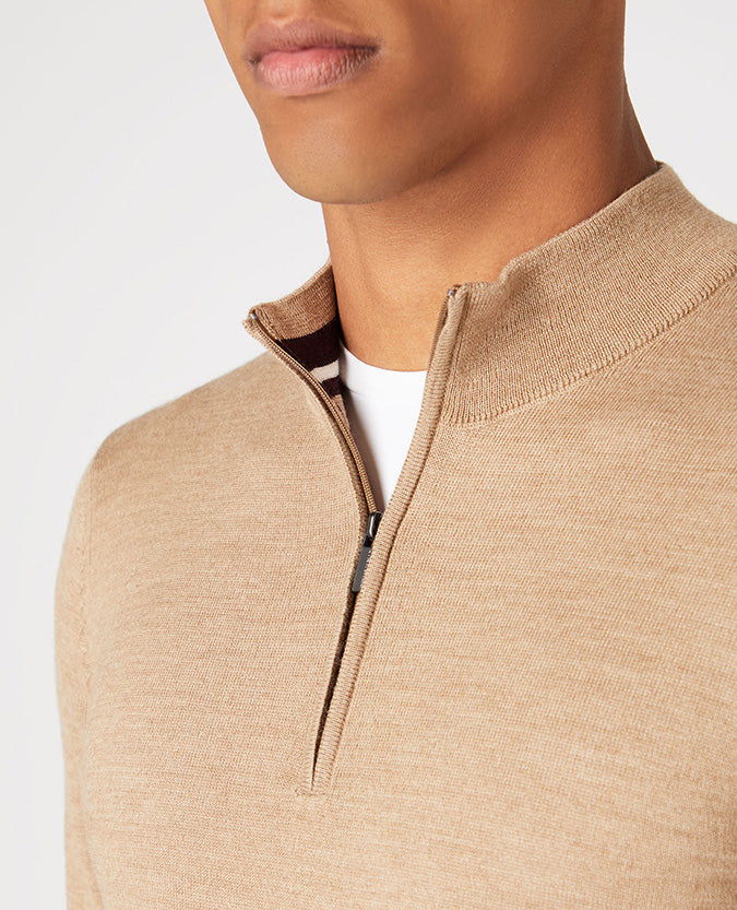 Man wearing a brown Tapered fit merino wool-acrylic half zip long sleeve