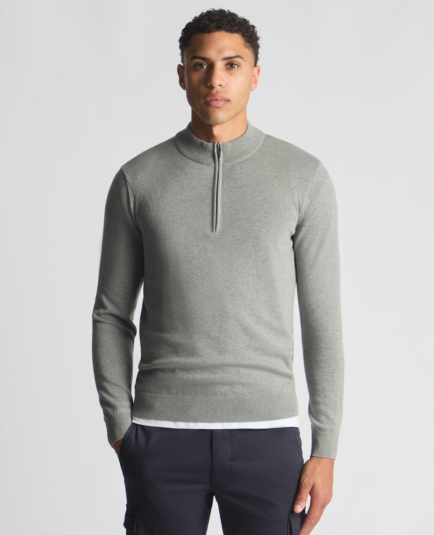 Man wearing a grey Tapered Fit Half Zip Cotton Sweater